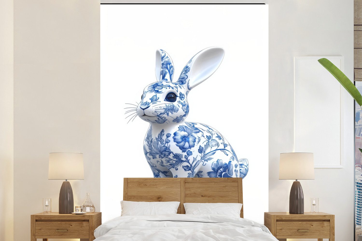 MuchoWow Fototapete Delfter Blau - Kleines Kaninchen - Weiß, Matt, bedruckt, Vinyl Tapete für Wohnzimmer oder Schlafzimmer, Wandtapete, 225x350 cm