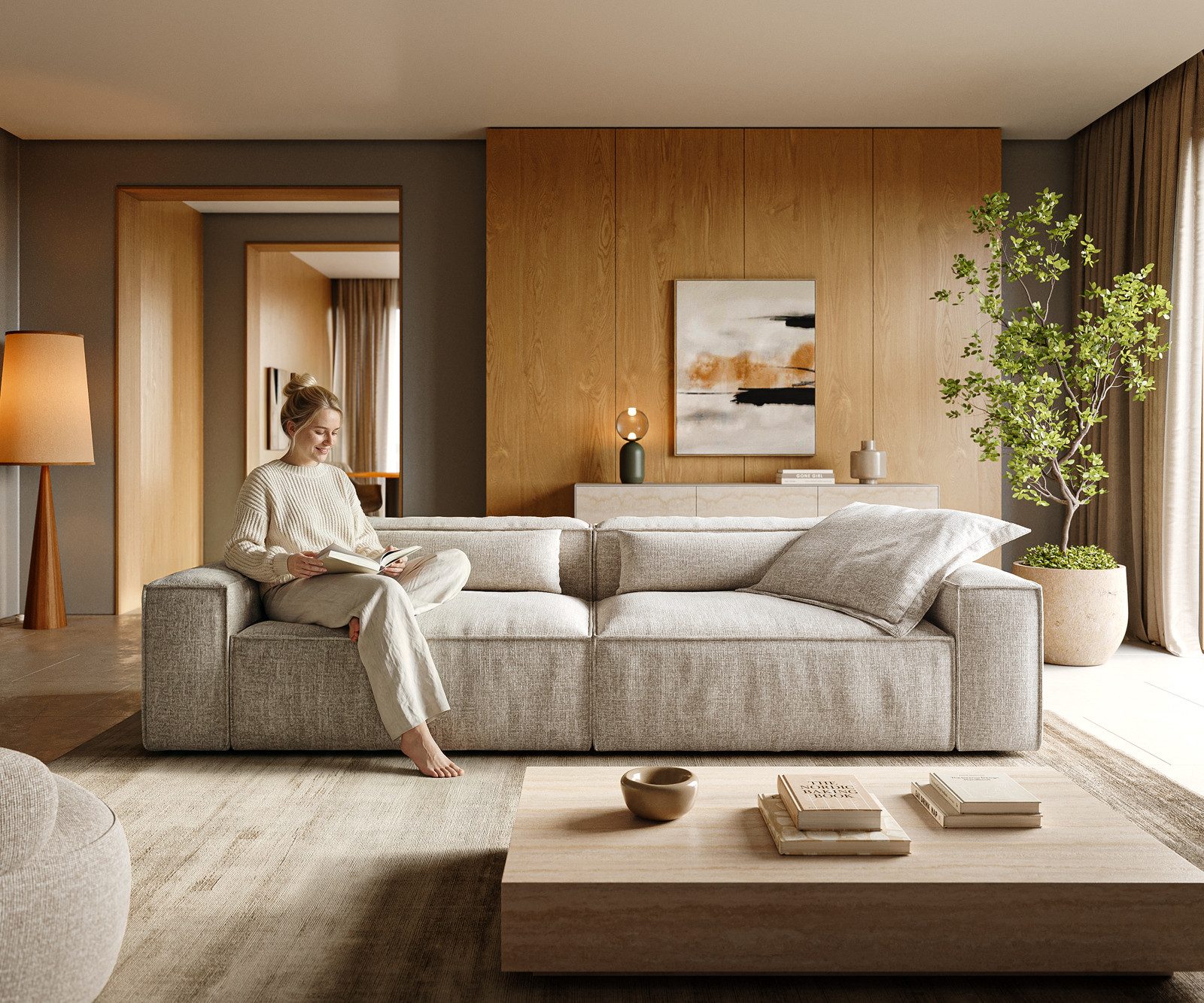 DELIFE Sofa Freestyle, Freestyle Webstoff Soft Beige 280x110 cm Kedernaht, Couch
