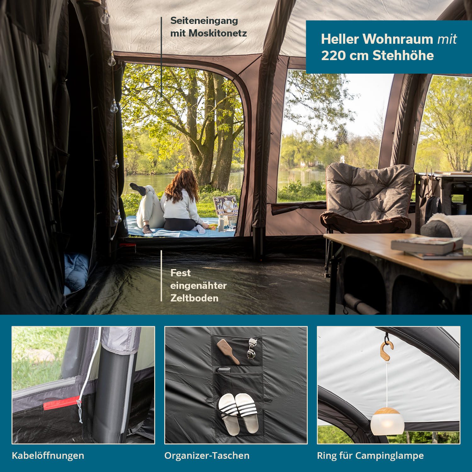 Skandika Tunnelzelt Timola 6 Air Sleeper Protect XL, Luftzelt, 2 schwarze Schlafkabinen, Personen: 6, 4000mm Wassersäule, 220 cm Stehhöhe, aufblasbares Zelt für 6 Mann