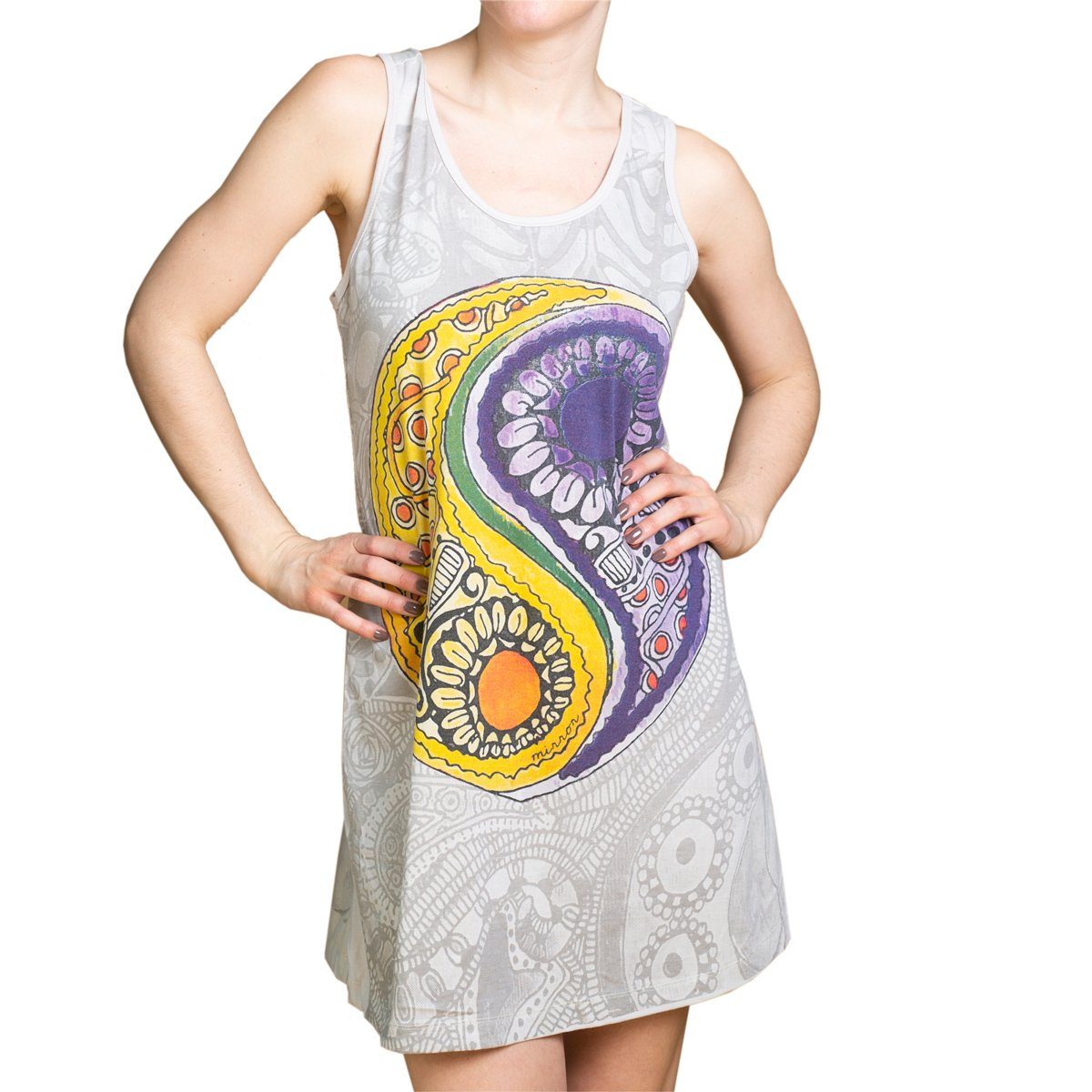 PANASIAM Tunikakleid Mirror Dress Lebensblume oder YinYang Shirtkleid auch als Longshirt Strandkleid oder Tunika zu tragen kurzes Sommerkleid YinYang hellgrau