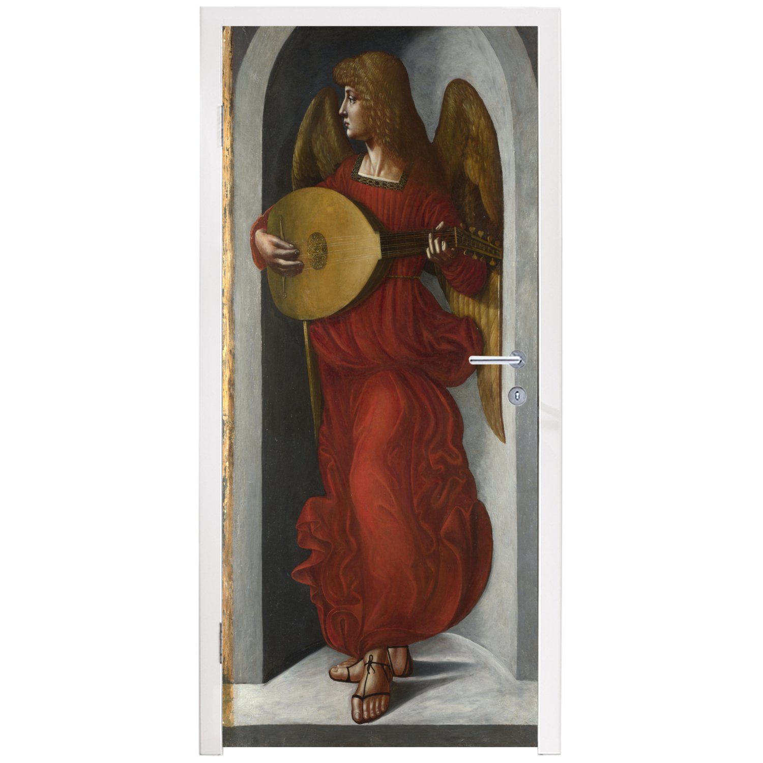 MuchoWow Rot Türtapete St), cm Tür, Fototapete (1 Laute Vinci, Leonardo - bedruckt, da Engel in Ein 75x205 Türaufkleber, einer Matt, mit für