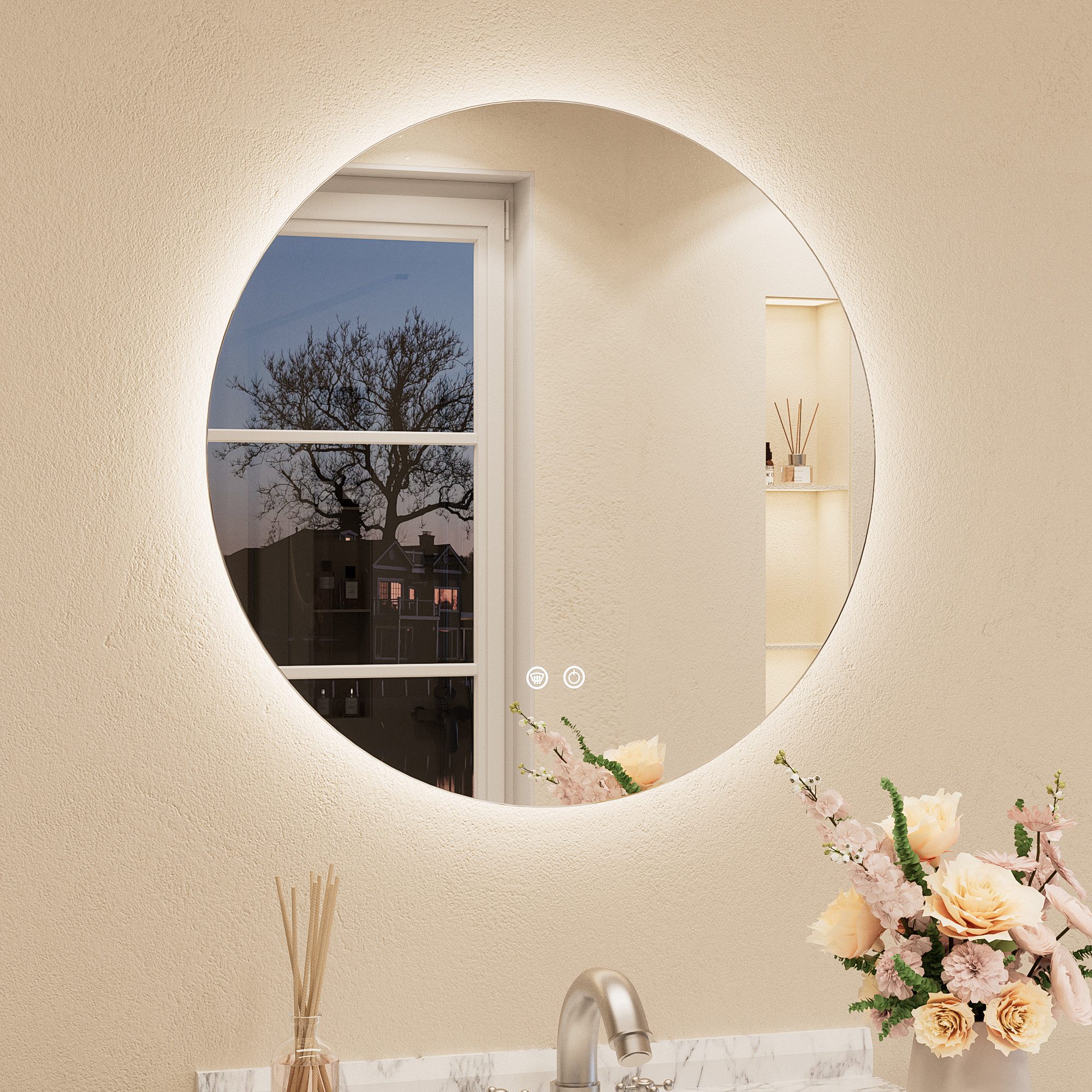 Keonjinn Badspiegel Badezimmer Spiegel Rund Wandspiegel mit beleuchtung (Montage quer & hoch), 3 Lichtfarben, Dimmbar, Touch Antibeschlag, Speicherfunktion, IP44