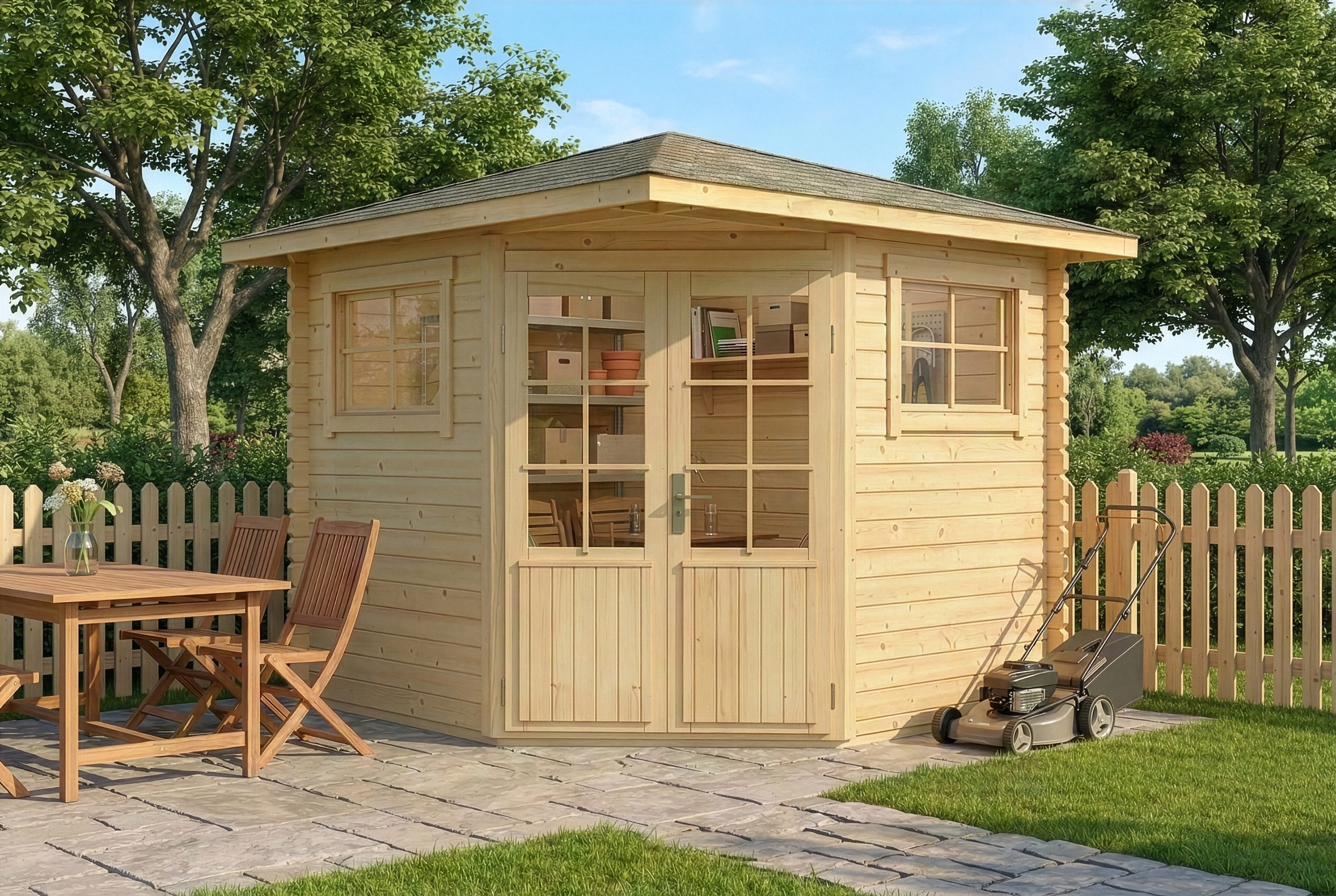 Alpholz Gartenhaus Holz 5-Eck Sunny B, BxT: 269x269 cm, in Naturbelassen mit 28mm Wandstärke