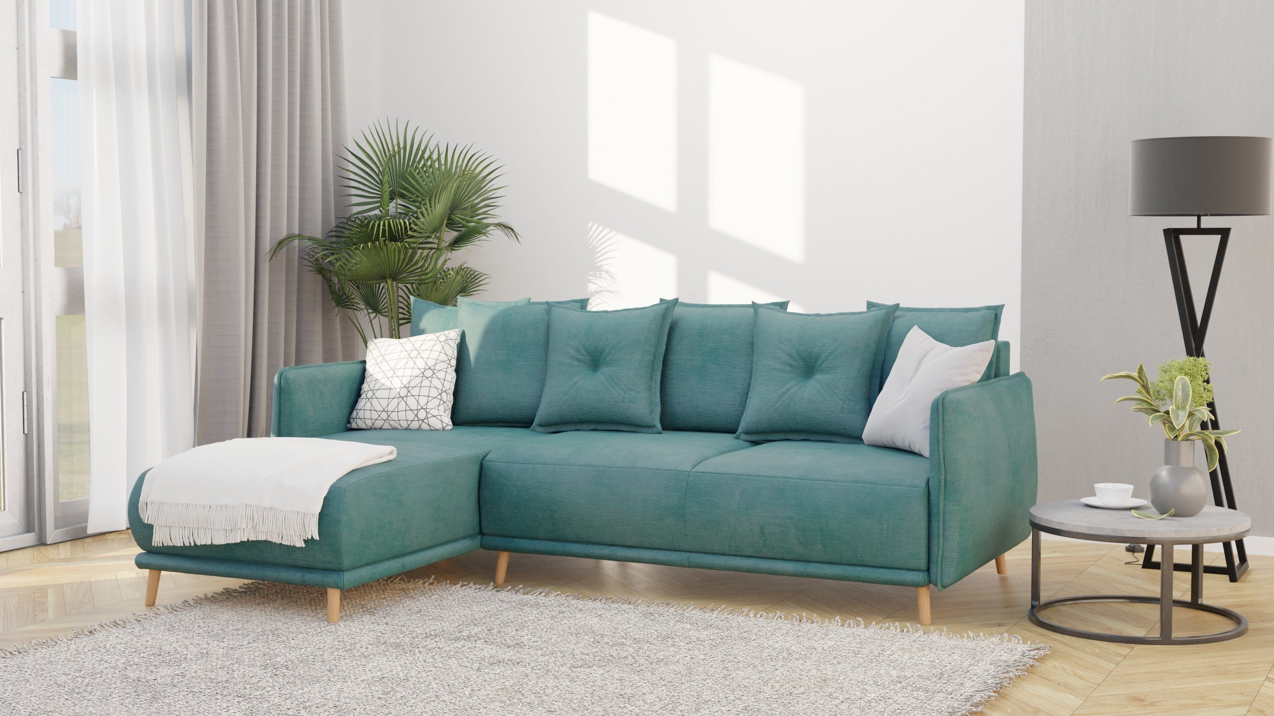 S-Style Möbel Ecksofa Lina mit Schlaffunktion, Bettkasten und Holzfüßen, aus Luxusmicrofaser, Ottomane links oder rechts bestellbar, mit Wellenfederung