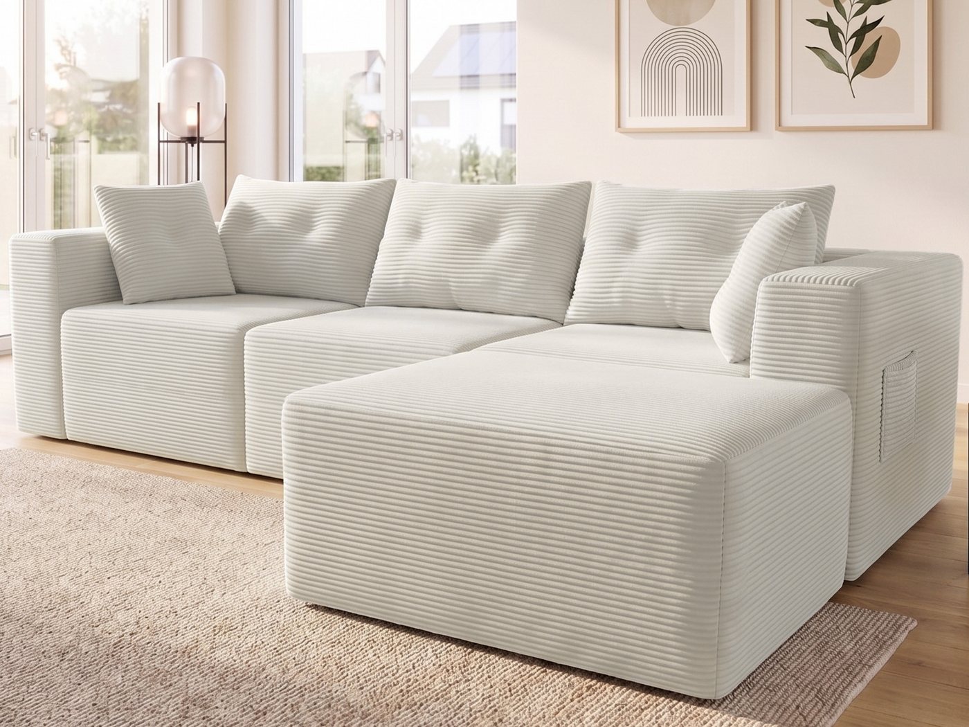 GLP Ecksofa Modulares Sofa aus Cord 254 cm breit, keine Montage erforderlich, 4 flexibel kombinierbare Module, Taschenfederkern, 3-Sitzer mit Ottomane und 5 Kissen, für Wohnzimmer, Gästezimmer