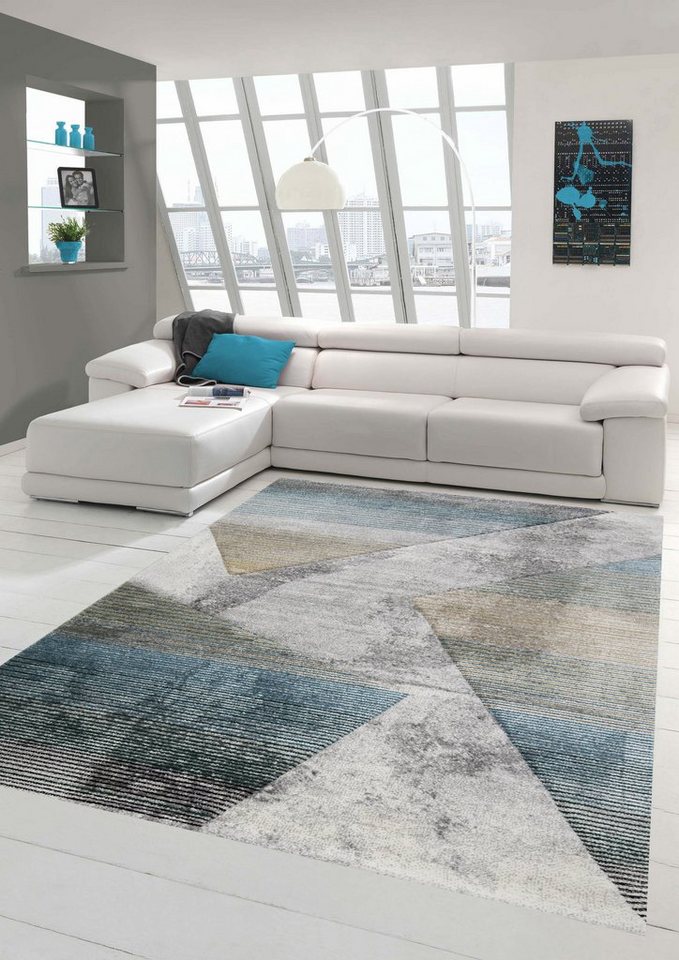 Teppich-Traum, blau 13 Teppich gold mm grau Teppich abstraktes Muster Höhe: - Moderner pflegeleicht, rechteckig, Wohnzimmer mehrfarbig gestreift
