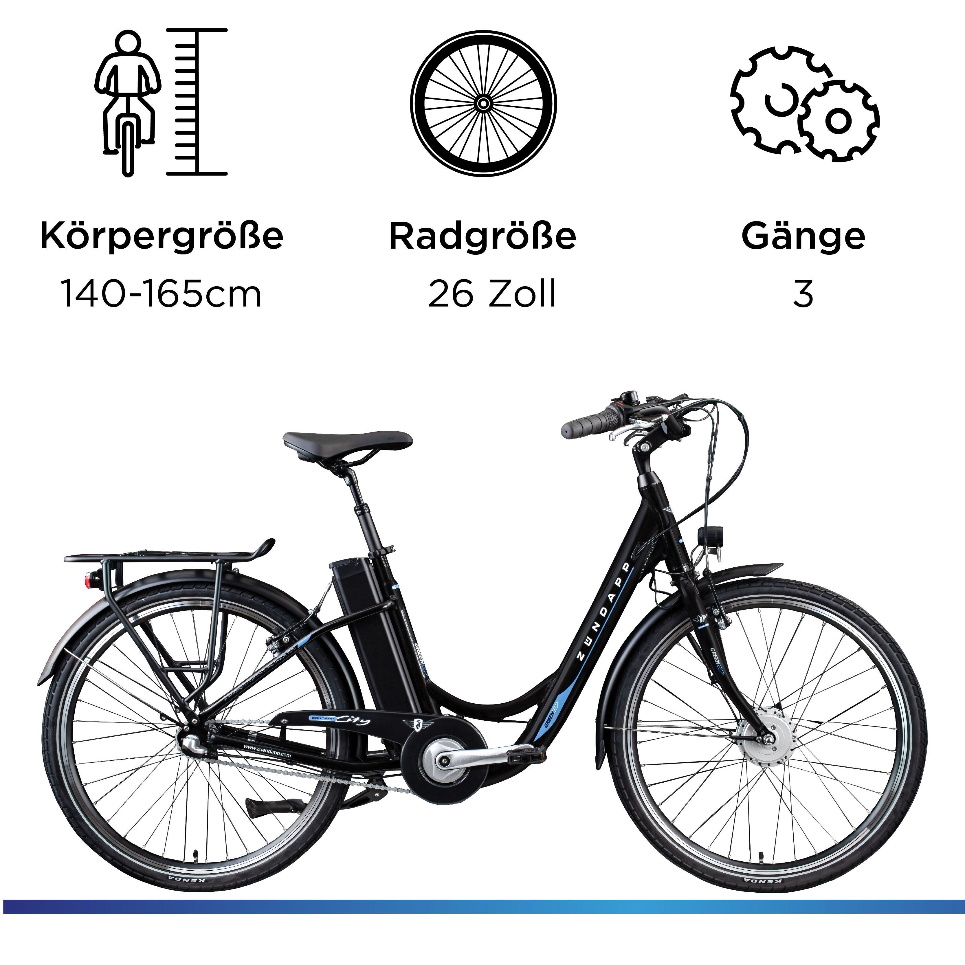 Zündapp E-Bike Cityrad Green 2.7, 3 Gang Shimano Nexus Schaltwerk, Nabenschaltung, Frontmotor, 531,6 Wh, Pedelec, Elektrofahrrad für Damen u. Herren