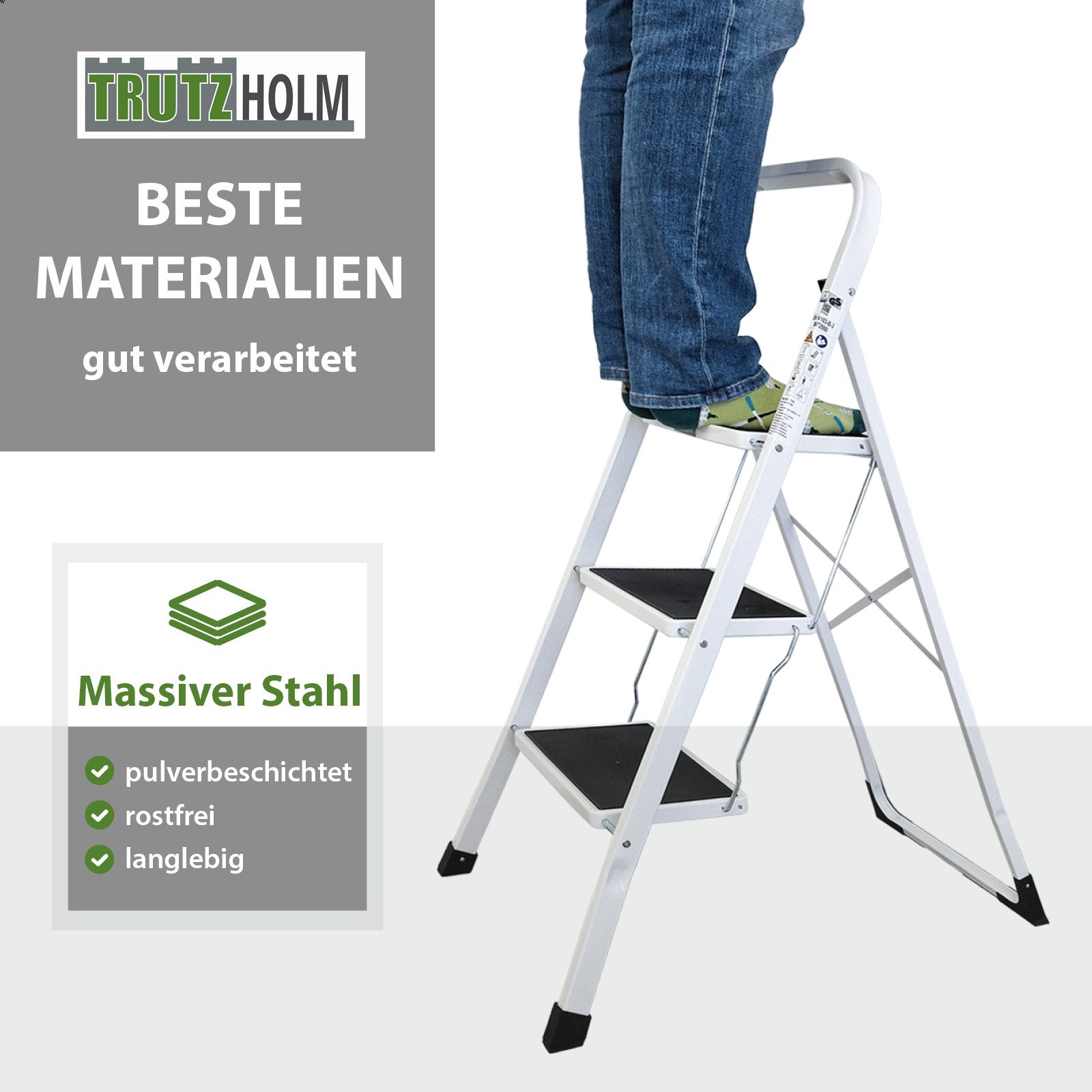 TRUTZHOLM Klapptritt Trittleiter 3-stufig klappbar TÜV/GS 150 kg Trittflächen Klapptritt, Anti-Rutsch – Bild 2 von 5