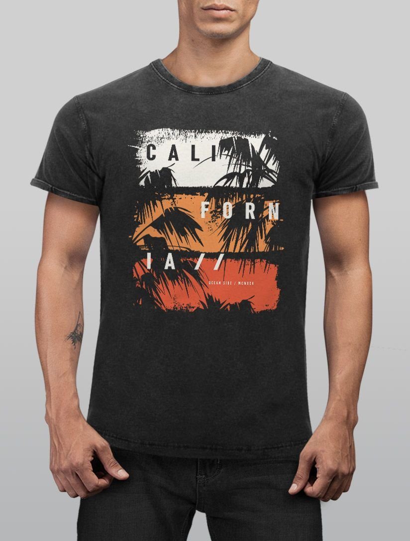 Palmen mit Slim Used T-Shirt Printshirt Neverless® California Vintage Herren Fit Schriftzug Neverless Shirt Aufdruck Print-Shirt Print Look