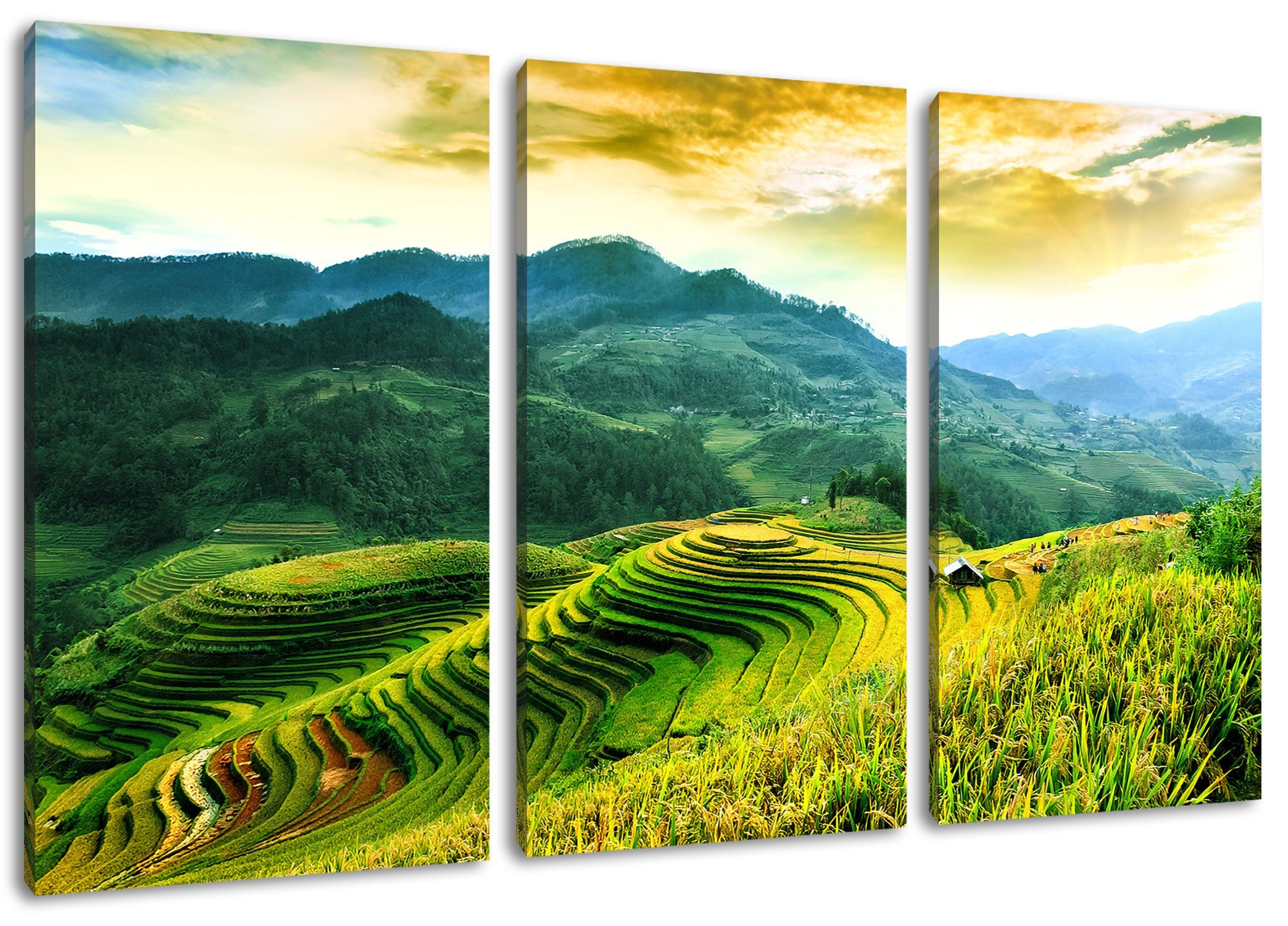 (1 Vietnam Leinwandbild Reisfelder in bespannt, in inkl. Reisfelder Vietnam, St), fertig (120x80cm) Zackenaufhänger Leinwandbild Pixxprint 3Teiler