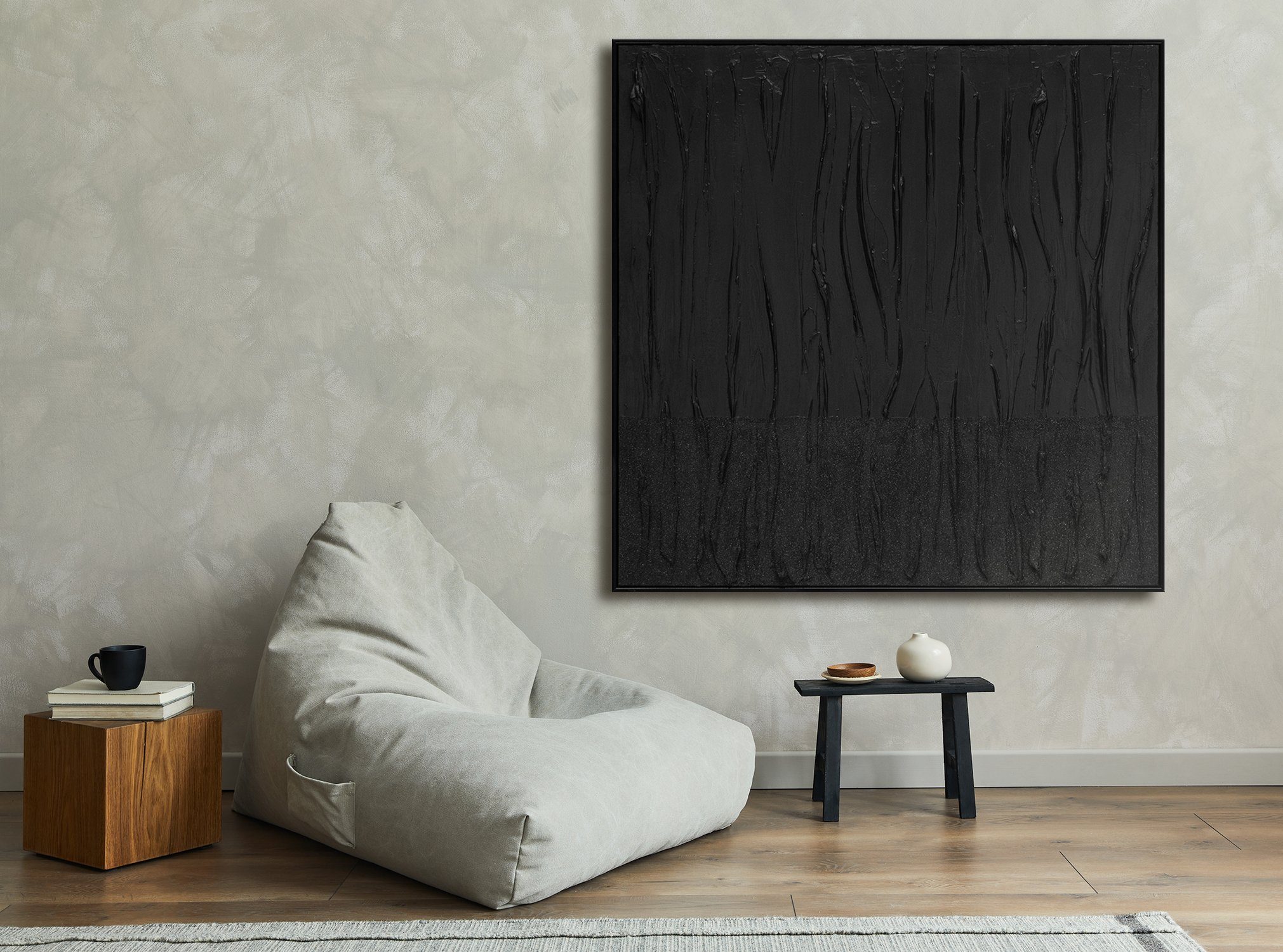 mit Rahmen Abstraktion, YS-Art Schwarzer Leinwand auf Samt, Bild Handgemalt Gemälde Abstraktes