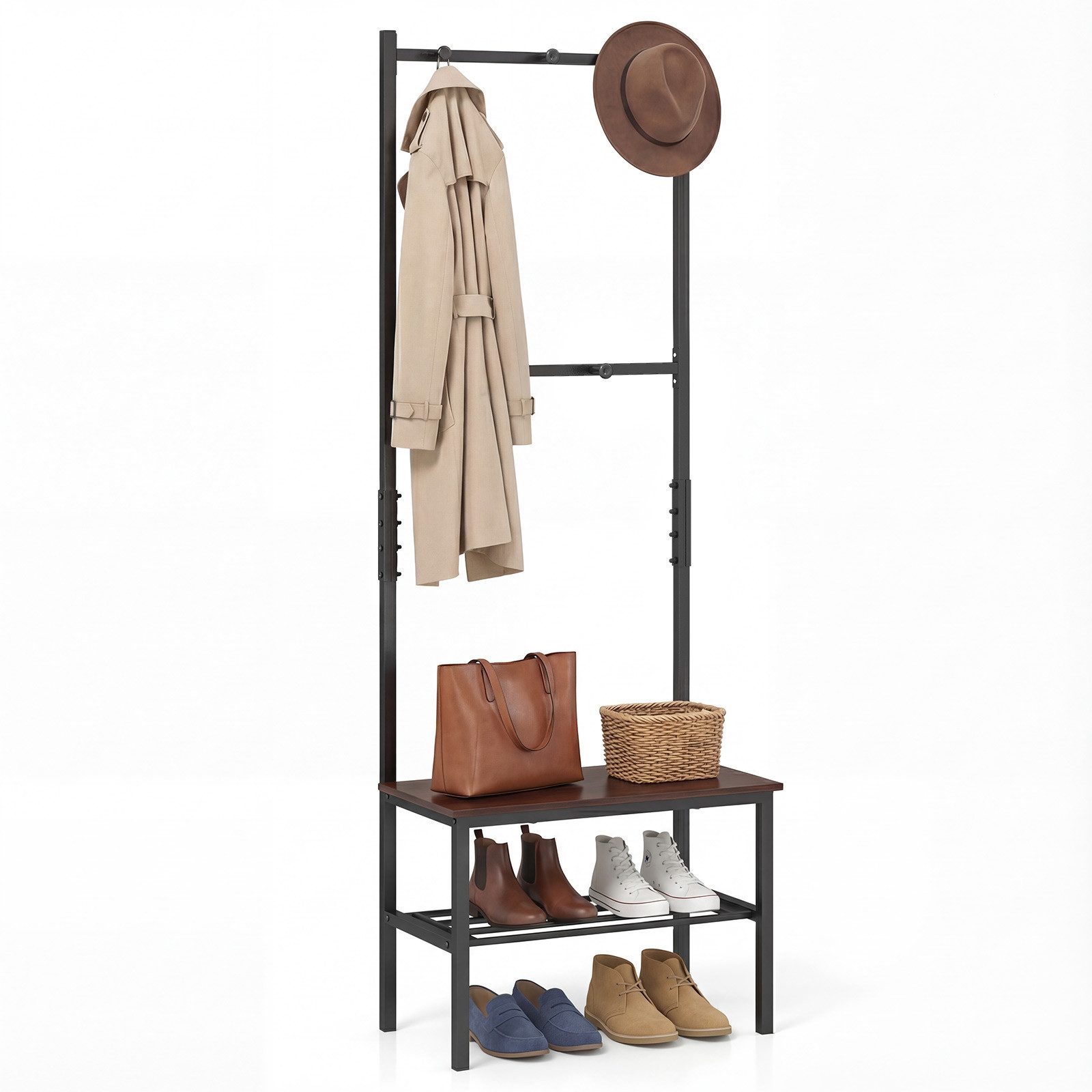 COSTWAY Kleiderständer 3-in-1 Garderobenständer mit Haken, Sitzbank, Schuhregal, Metall
