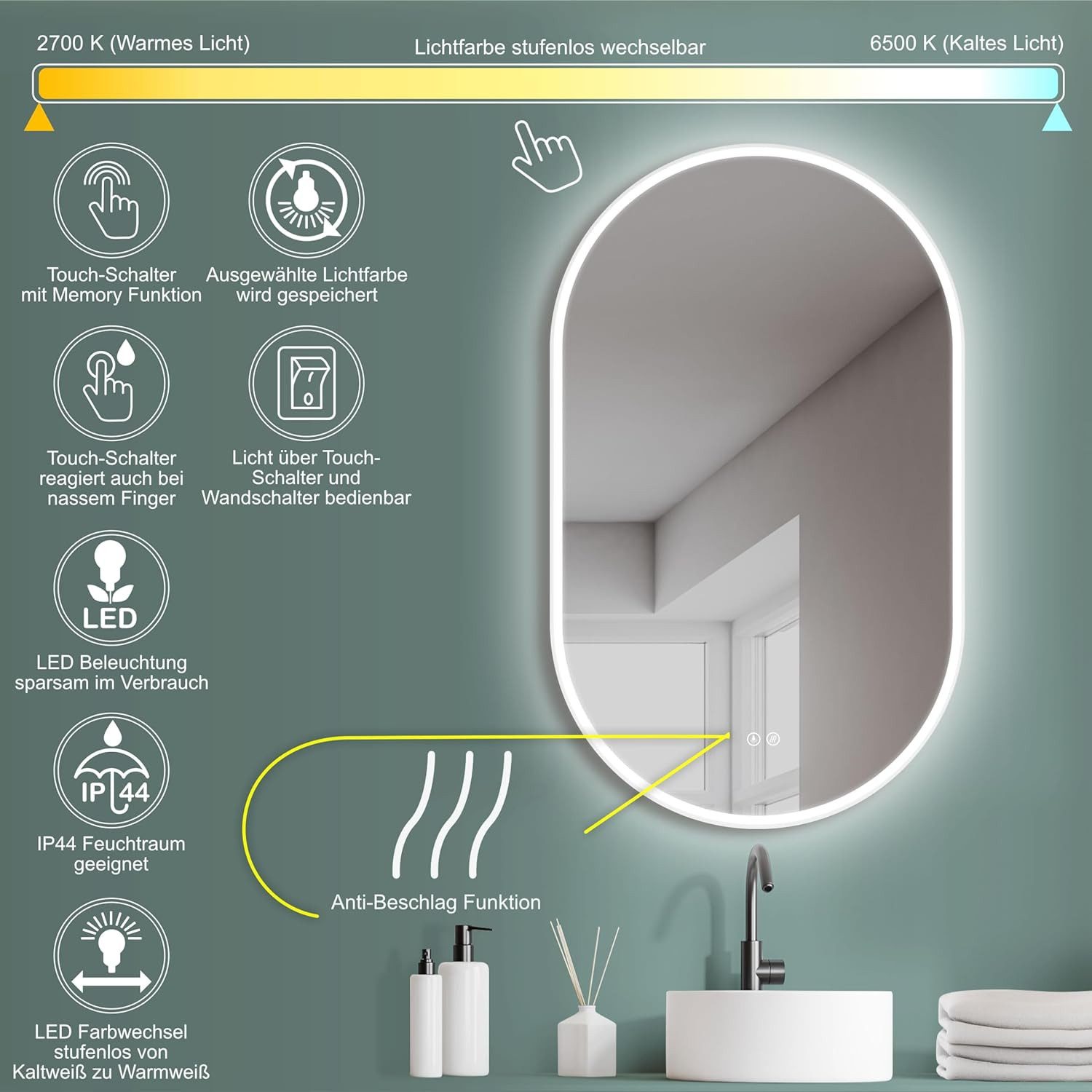 HOKO Badspiegel Oval Spiegel Schwarz Gold Weiß Badezimmer Spiegel mit Licht, Anti-fog (45x75 cm / 50x90 cm / 60x100 cm Warmweiß-Kaltweiß-Neutral. 3000-6000K. Licht mit Touch Schalter und mit Wandschalter einschaltbar. Memory-Funktion.IP44, 4mm HD Glass)