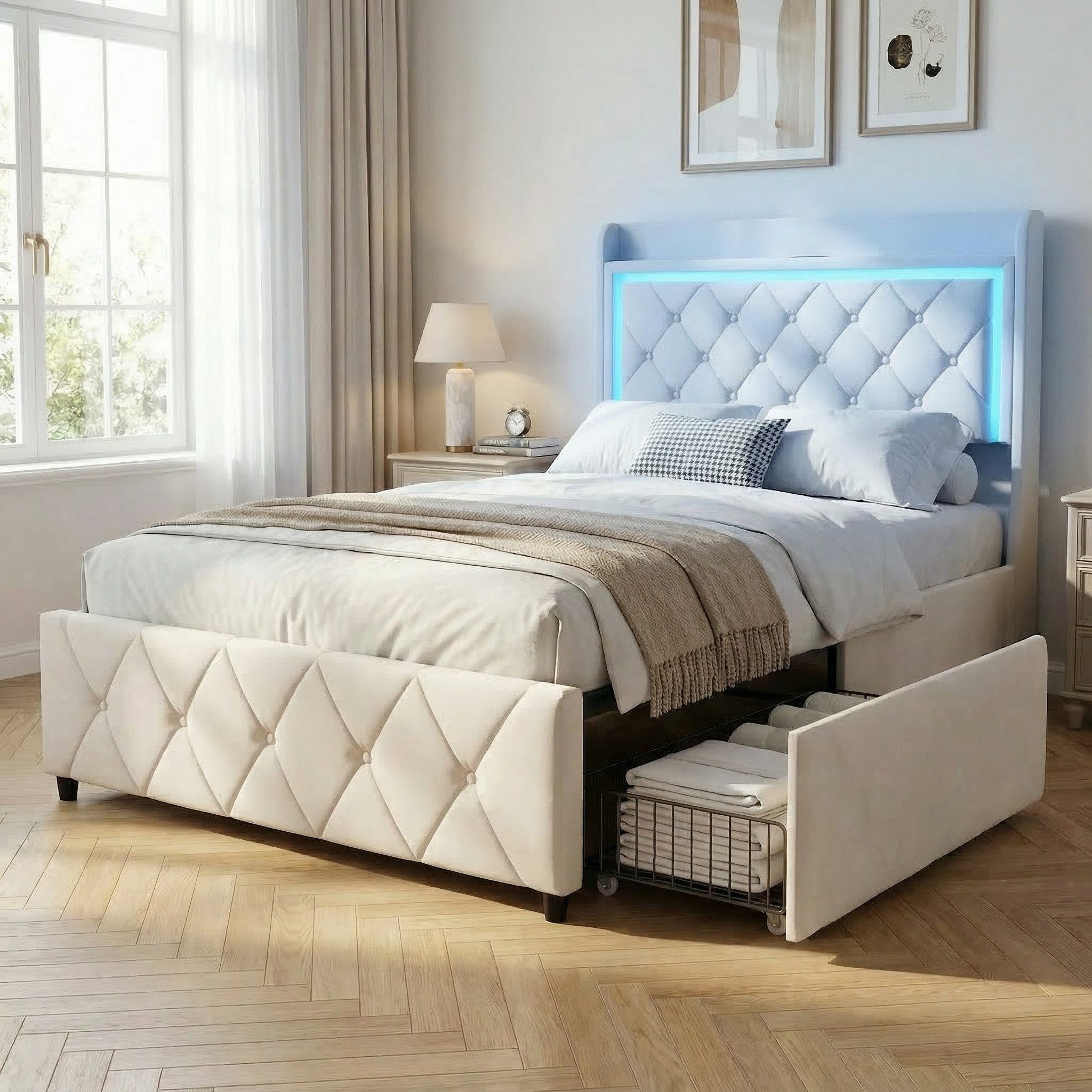 Furnishings Home Polsterbett LED Doppelbett 140x200cm, Stauraumbett mit Kopfteil und 4 Schubladen (Samtmaterial Polsterbett mit RGB Beleuchtung), mit Lattenrost und Ladefunktion, mit Komforthöhe, Leises Design Bett