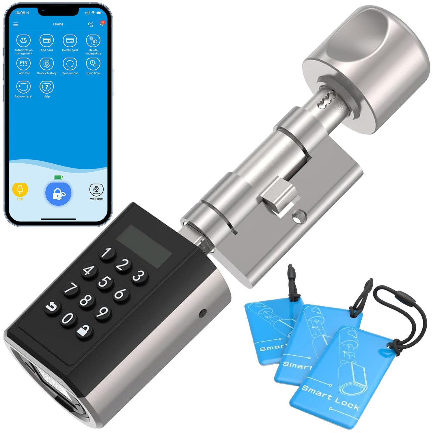 WE.LOCK Türschlossantrieb WELOCK Elektronisches Türschloss PCB10EBL51 für 30-70mm Türen, (Packung, Smartes türschloss x1, RFID-Karte x3, Anleitung x1, Zubehörbox x1), Passwort, RFID-Karte, APP, USB-Entsperrung; 5-Minuten-Installation