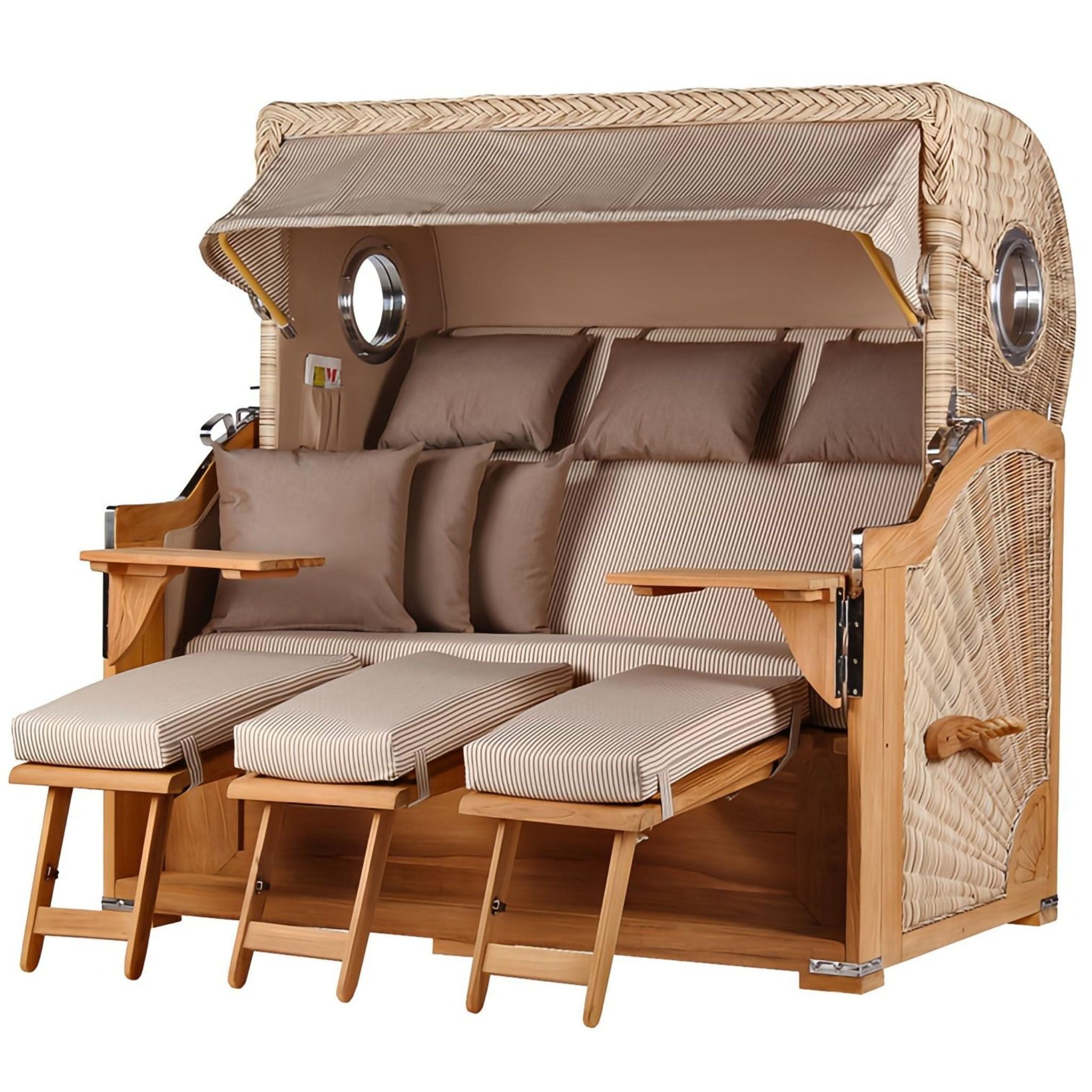 bene living Strandkorb Königssee 3-Sitzer Teak - PE shell - Modell 510, BxTxH: 170x95x170 cm, Volllieger, Königssee 3-Sitzer Teak, (Strandkorb-Komplettset, 5-tlg., Strandkorb inkl. Liftersystem und umfangreichem Zubehör), mit Windschutzfolie, Bistrotischen und bequemer Polsterung