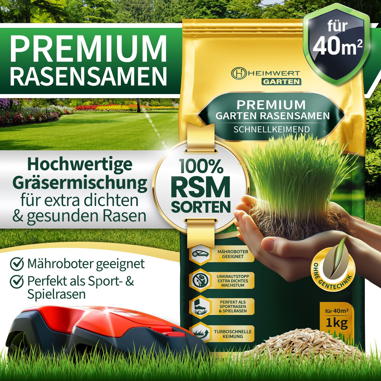 HEIMWERT Rasensamen schnellkeimend Sommer Turbo - Premium Grassamen 1/3/5/10 kg, 1 kg, Sport und Spiel aus hochwertigster Gräser Mischung