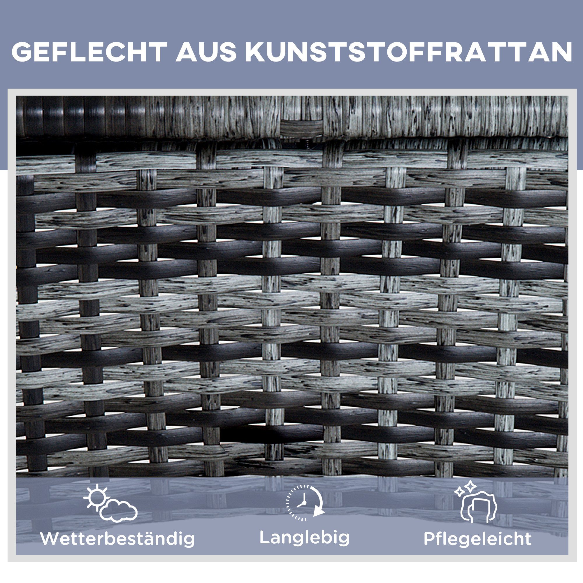 Outsunny Gartenlounge-Set Gartenliege mit Tisch 3er-Set Gartenmöbel Polyrattan+Metall, (Liege, 3-tlg., Sonnenliege), für Garten, Balkon, Grau – Bild 4 von 5
