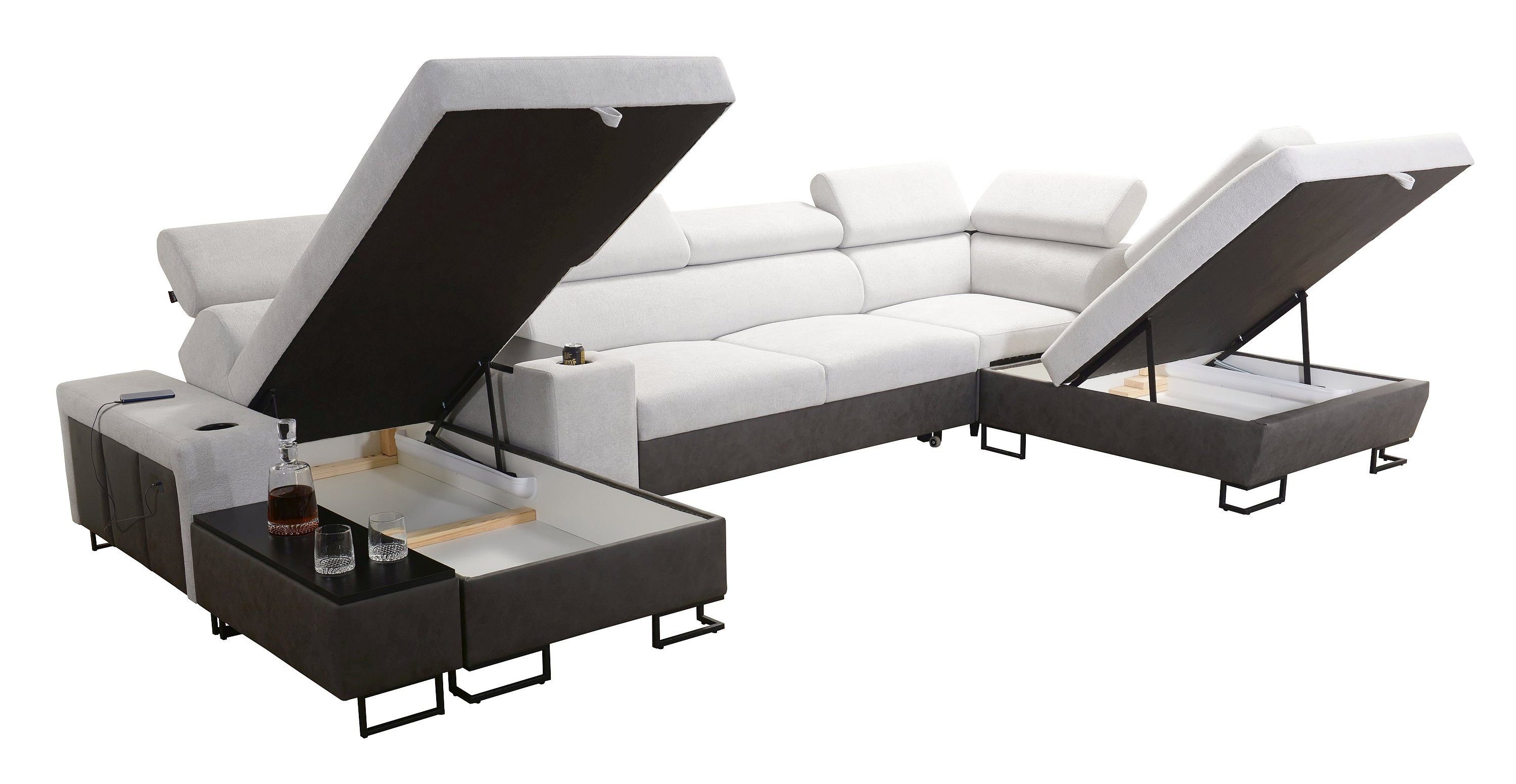 Möbel für Dich Wohnlandschaft in U-Form Melody V, mit Ablagetisch, Barfach, USB, Becherhalter, Bettfunktion, Bettkasten