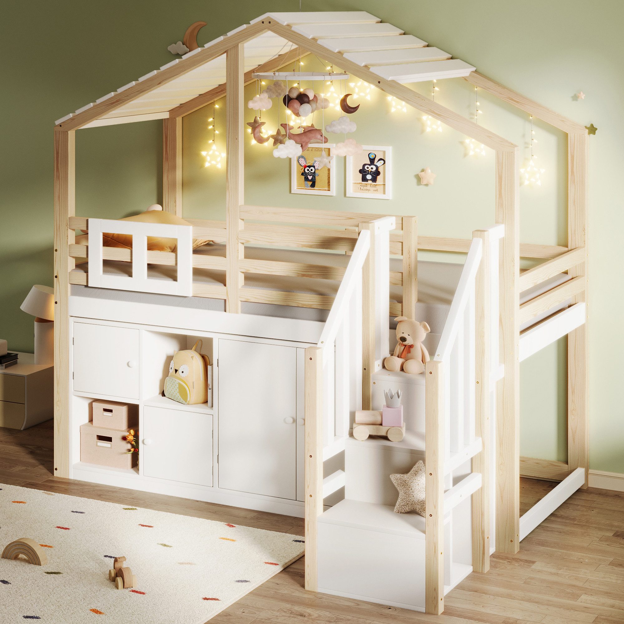 Flieks Hochbett Kinderbett 90x200cm Hausform mit Stauraumtreppe und Stauraumfächer