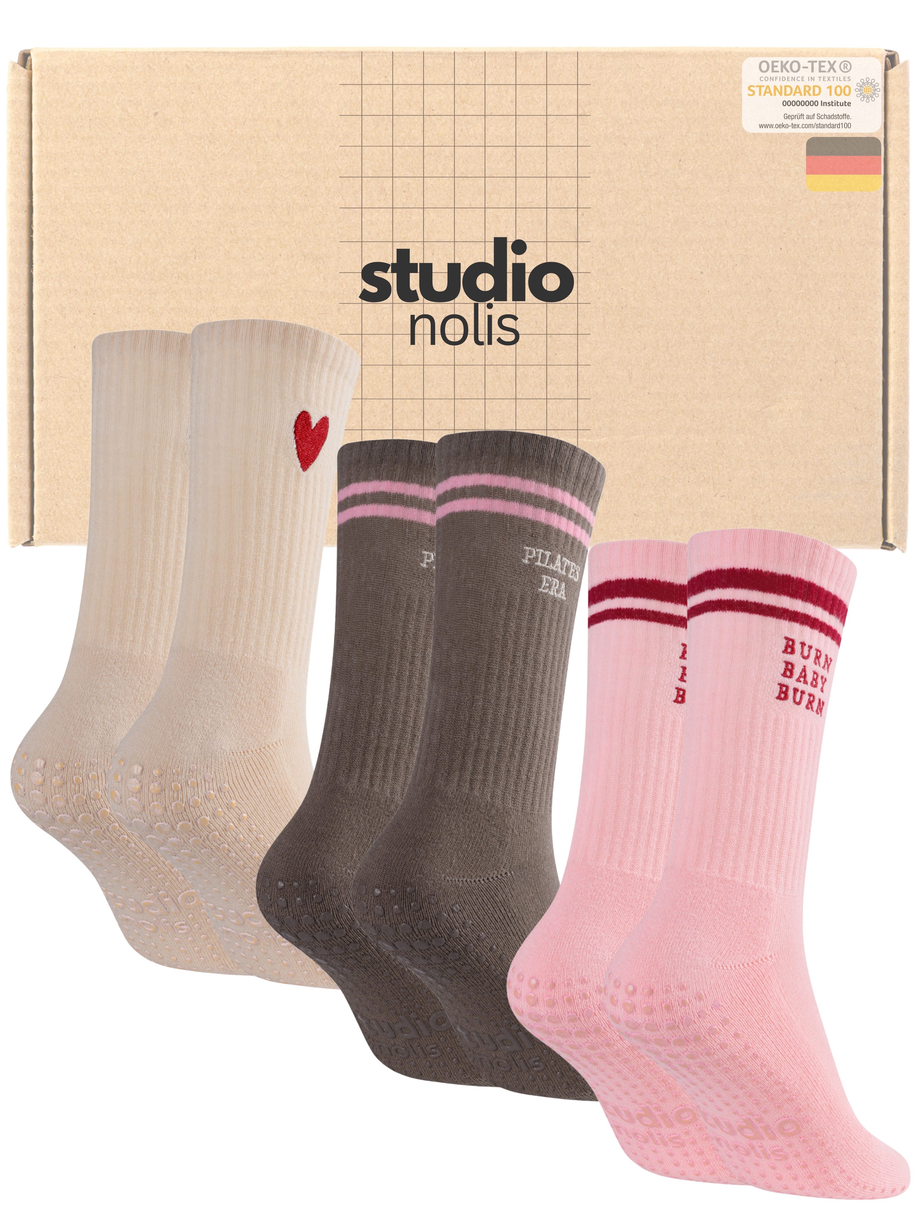 Studio Nolis Tennissocken Pilates Socken Grip - Stoppersocken - Yoga Gym Reformer (Set, 3-Paar) mit Noppen