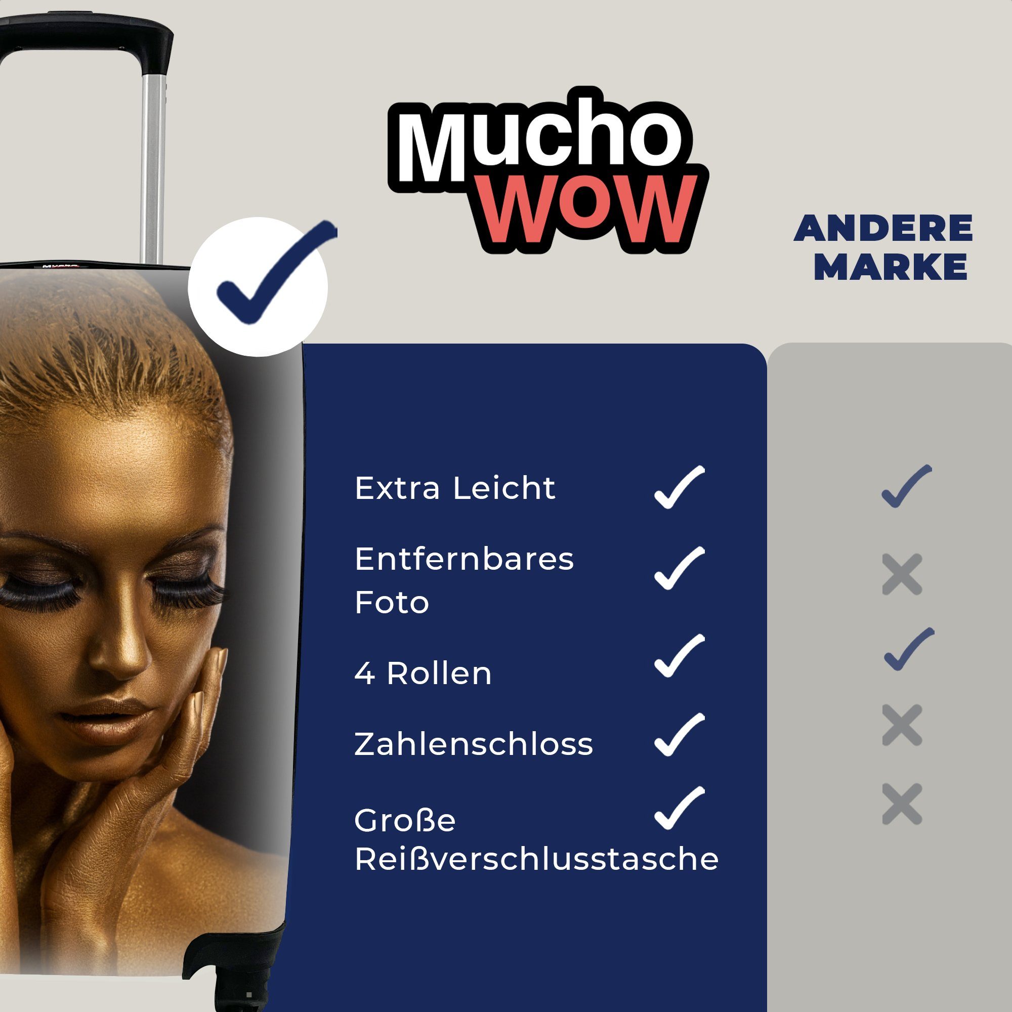MuchoWow Handgepäckkoffer Gold - Frau Rollen, mit für rollen, Gold, Schwarz Reisetasche Ferien, und Trolley, Handgepäck - 4 Reisekoffer