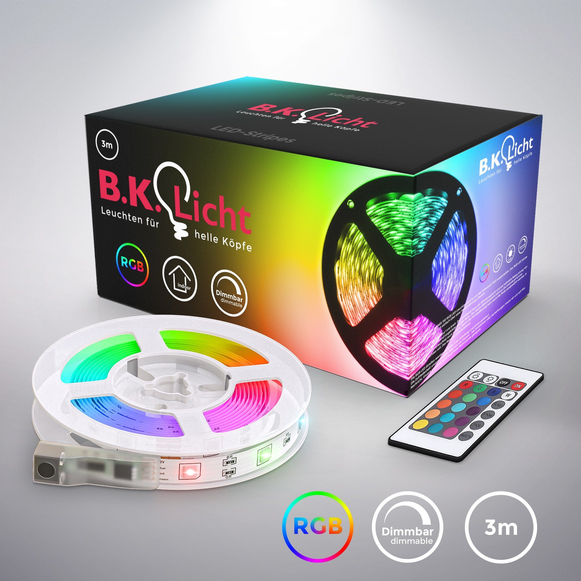 B.K.Licht LED Stripe LED Strip Licht-Band Leiste 230V RGB Farbwechsel  dimmbar - BKL1426, 90-flammig, 150 -flammig 5m Licht-Streifen Lichterkette  300 LEDs mit Fernbedienung