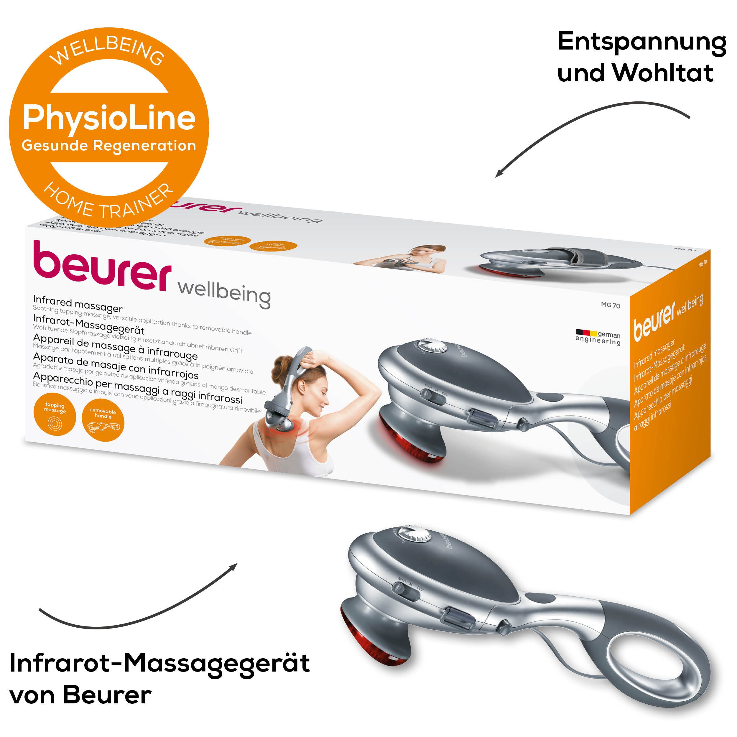 BEURER Massagegerät MG 70 für eine tiefenwirksame Klopfmassage mit Infrarotwärme, Vielseitig anwendbar mit oder ohne Handgriff, 2 Massageaufsätze