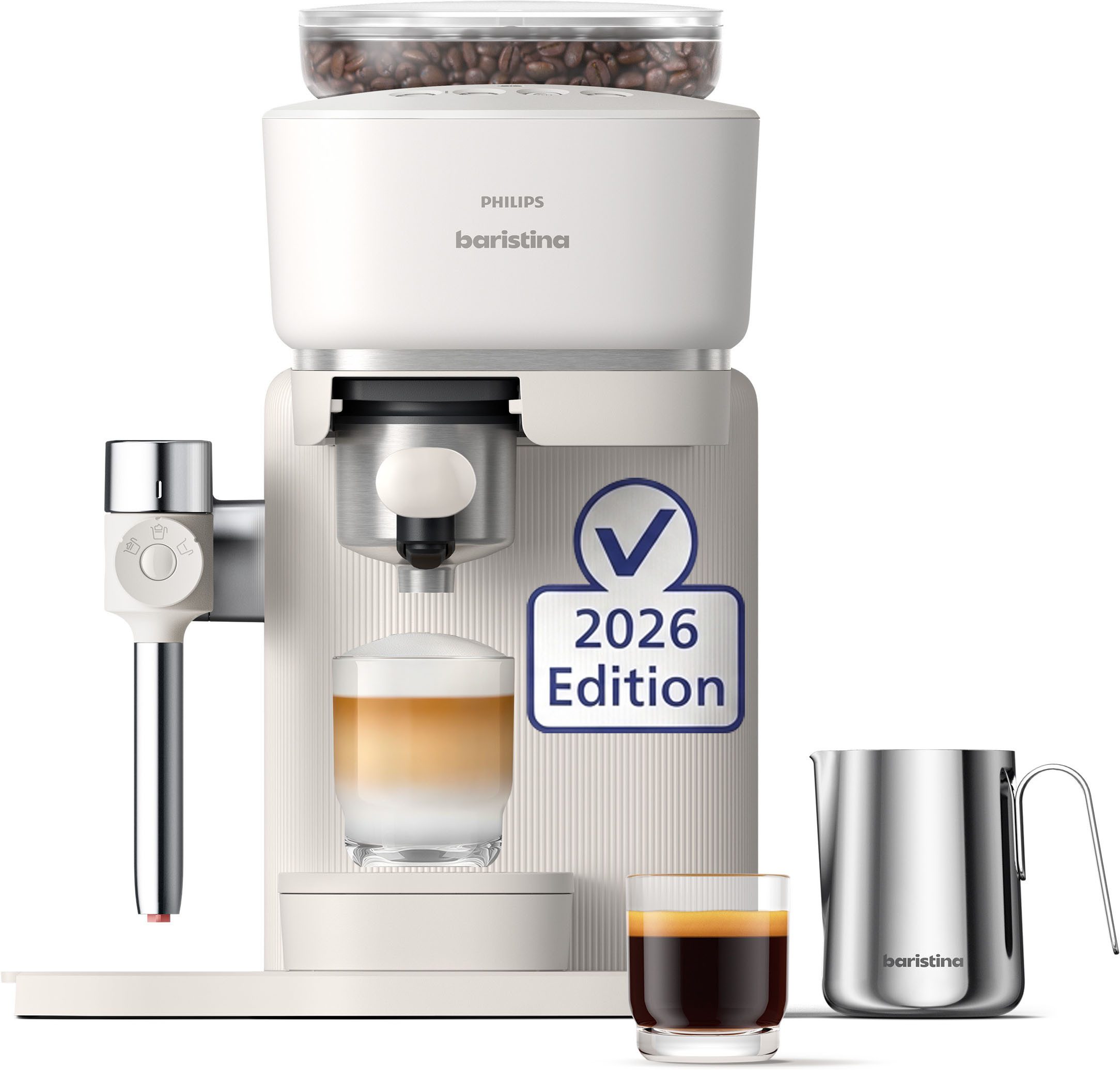 PHILIPS baristina Espressomaschine Latte BAR400/00 mit Mahlwerk für ganze Bohnen und Milchschaumdüse, 3 Schaumarten, 16 bar Pumpendruck, Naturweiß/Weiß