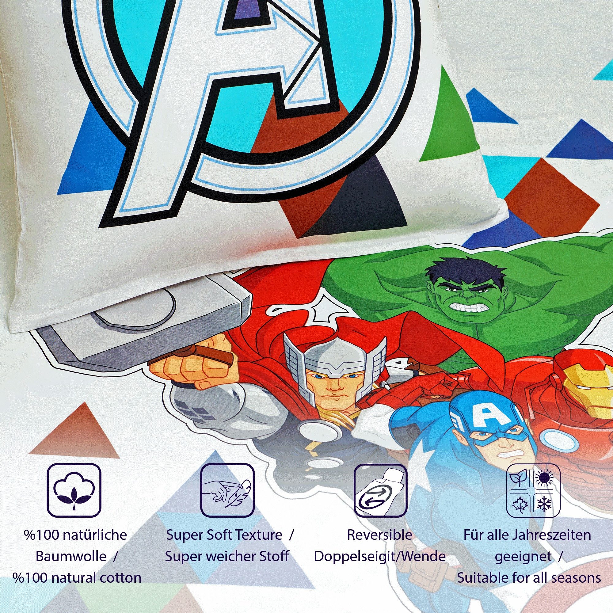 JACK Kinderbettwäsche Avengers Disney 135x200cm Captain America, Renforcé, 2 teilig, alle Marvel Helden, mit Reißverschluss