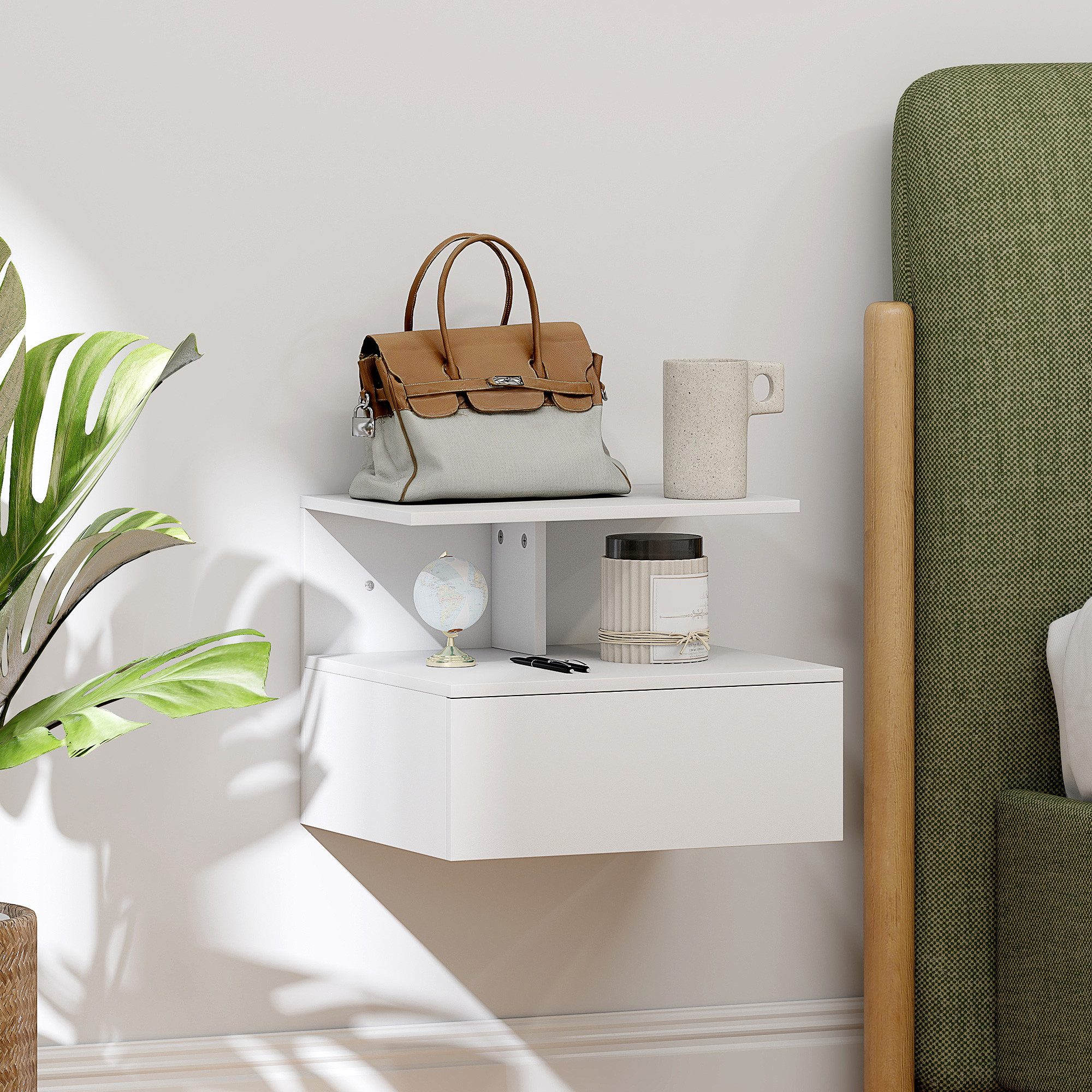 HOMCOM Nachttisch mit Schublade, offenes Fach (Nachtschrank, 1-St., hängend Beistelltisch), für Schlafzimmer, Wohnzimmer, Weiß, 39,8 x 35 x 31,6 cm