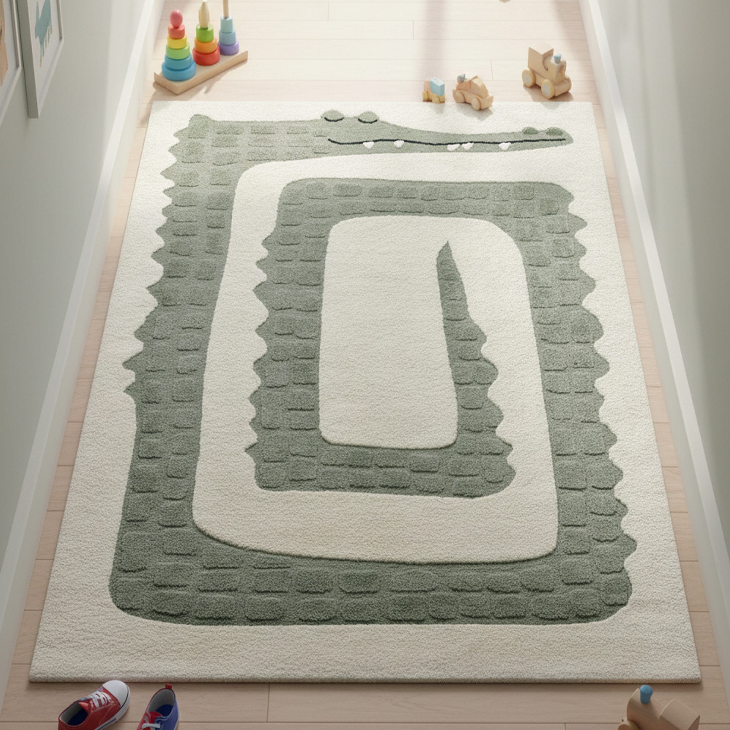 TeppichHome24 Kinderteppich Kinderteppich Krokodil Grün Creme pflegeleicht weich robust, rechteckig, Höhe: 14 mm