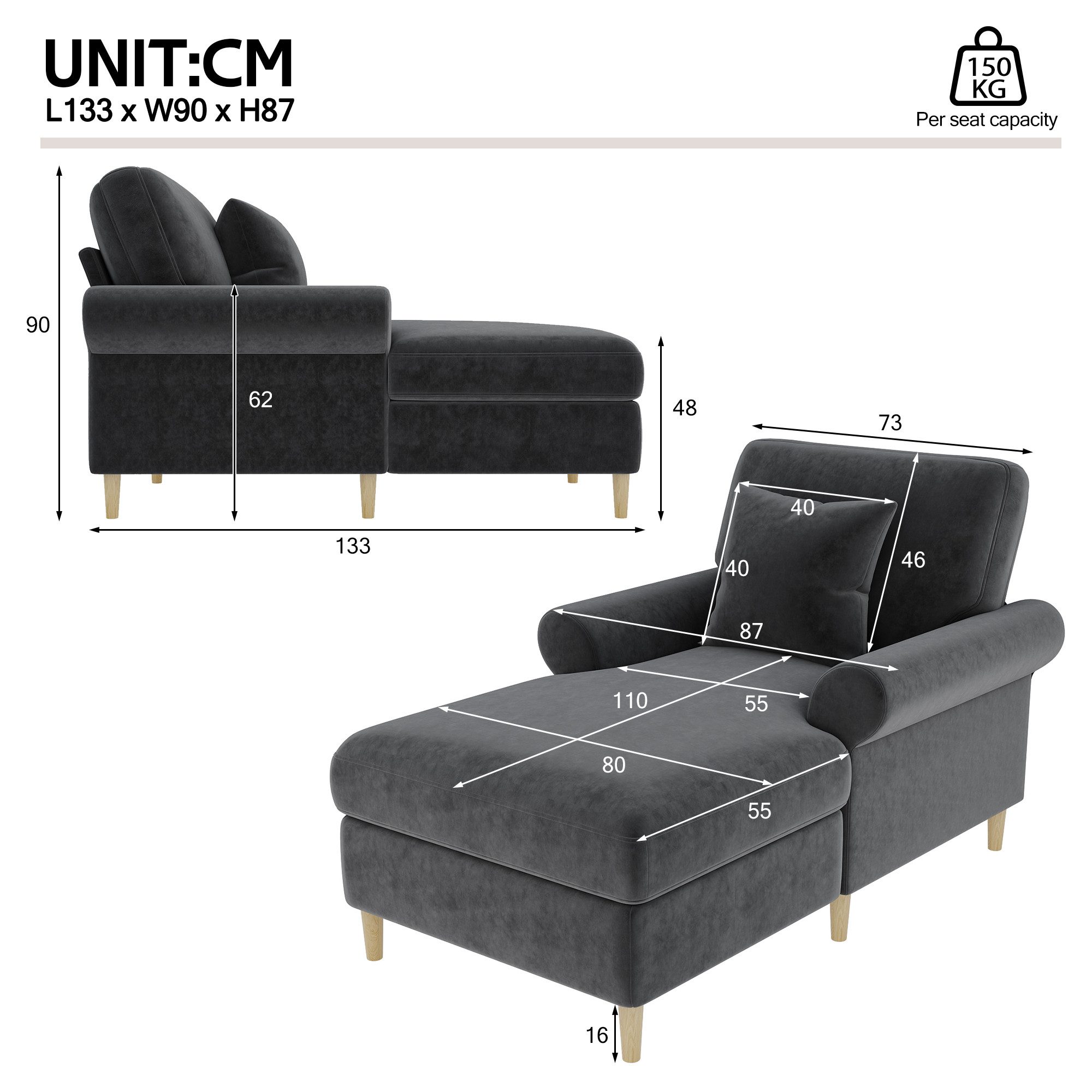 KLAM HOME Relaxsessel XXL Relaxsessel Klappbar Mit Liegefunktion Und Samtbezug (Gepolsterter Schlafsessel Bequem Für Wohnzimmer Und Schlafzimmer), Großer Lesese – Bild 3 von 5