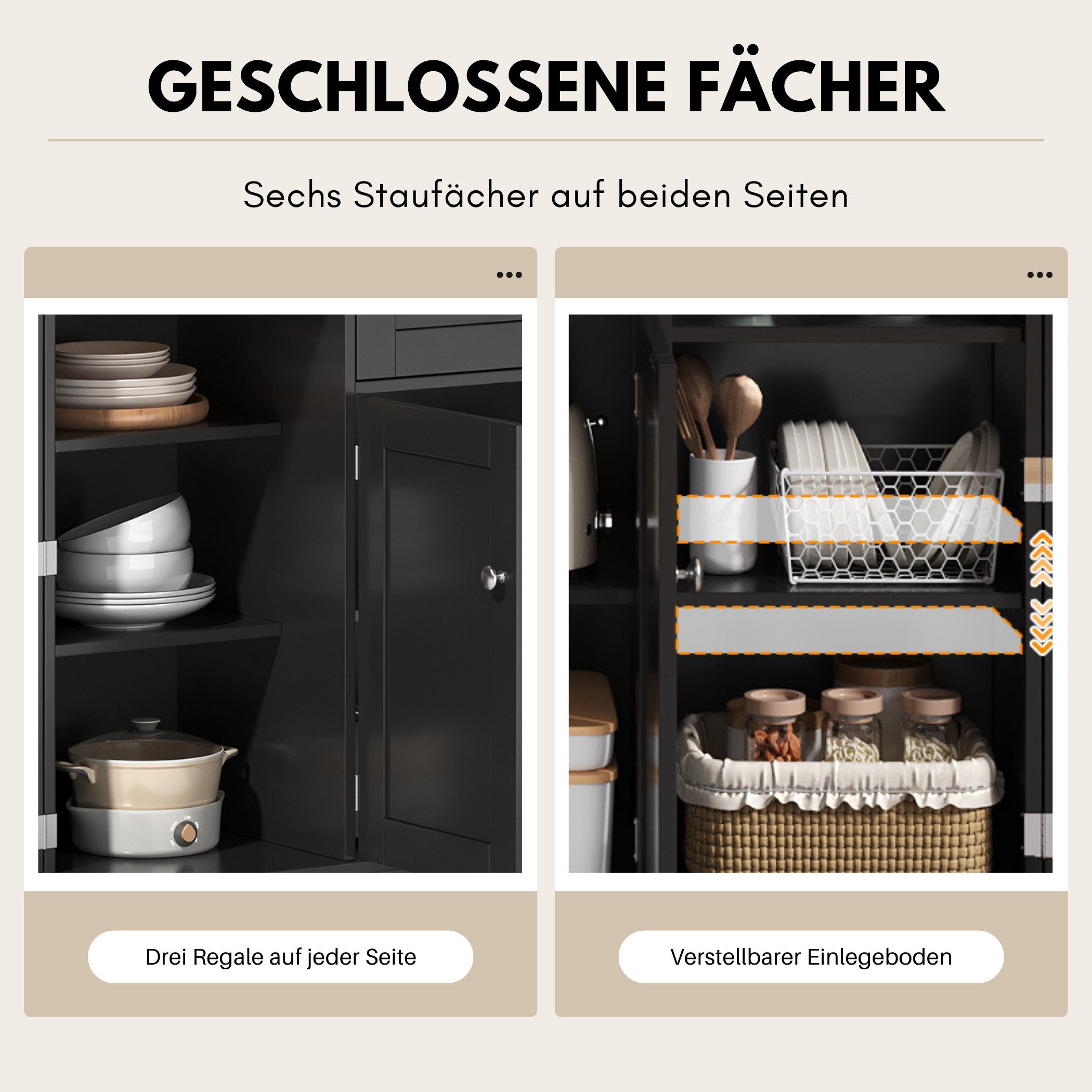SeedWave Anrichte Modern Küchenbuffet Mehrzweckschrank Beistellschrank mit Viel Stauraum, Türregale mit Schutzgeländern, Wandhalterung für Anti-Kipp Funktion – Bild 4 von 5