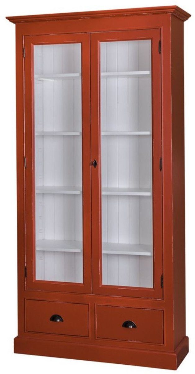 Casa Padrino Vitrine Landhausstil Wohnzimmer Vitrinenschrank Antik Rot / Weiß 109 x 39 x H. 210 cm - Wohnzimmerschrank mit 2 Glastüren und 2 Schubladen