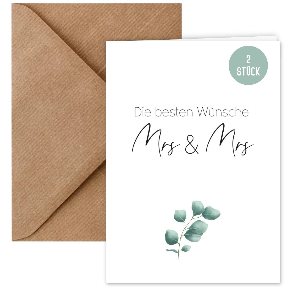 Things of Happiness Grußkarte Hochzeitskarte Mrs & Mrs Eucalyptus, Karte Lesbisches Hochzeitspaar, Glückwunschkarte zur Hochzeit Lesbisches Brautpaar (2 Stück)