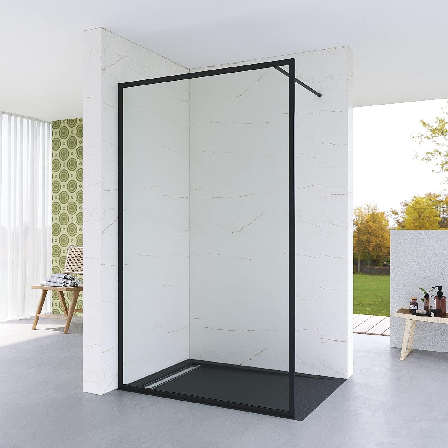 AQUALAVOS Walk-in-Dusche Vollrahmen schwarz-matt Duschabtrennung 6 mm Klarglas mit NANO 79x195, Sicherheitsglas, 100 cm Stabilisationsbügel Barrierefrei links oder rechts möglich