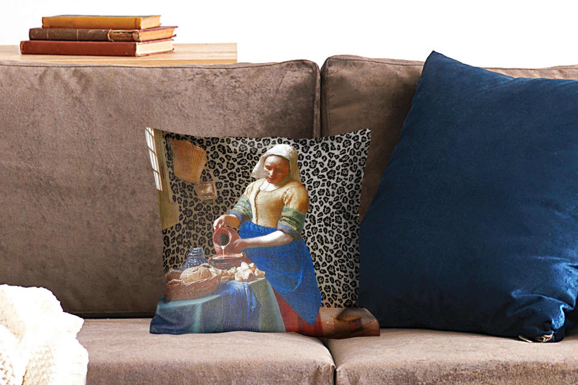 MuchoWow Dekokissen Milchmädchen - Kunst Gemälde Pantherdruck Meister, Schlafzimmer, Alte Wohzimmer, mit - Vermeer Zierkissen - Deko, Füllung - für Sofakissen 