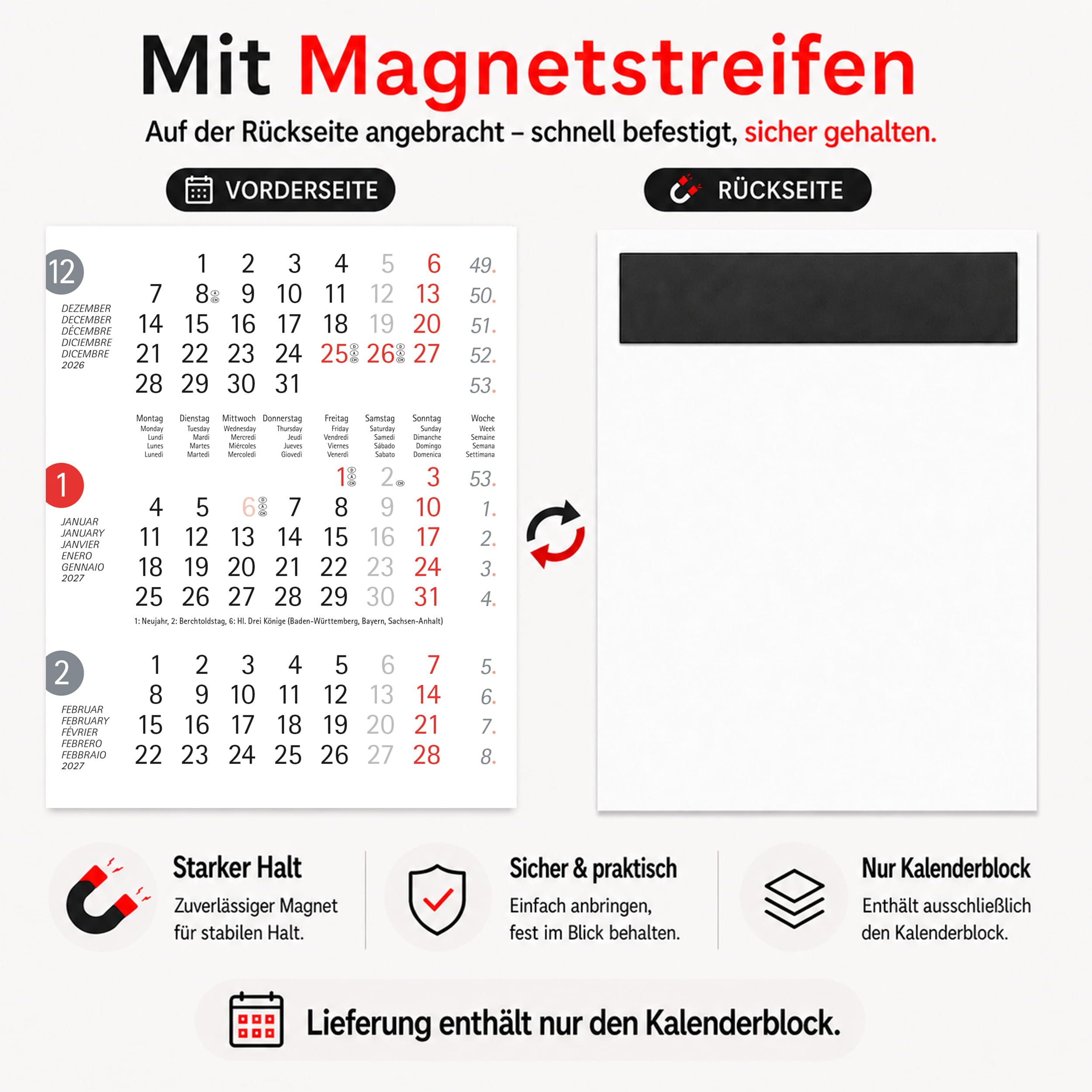 TOBJA Tischkalender Ersatz-Kalendarium 2027 magnetisch für Tischkalender (Dots), Ersatzblock, ohne Aufsteller, 3 Monate, magnetisch, Feiertage