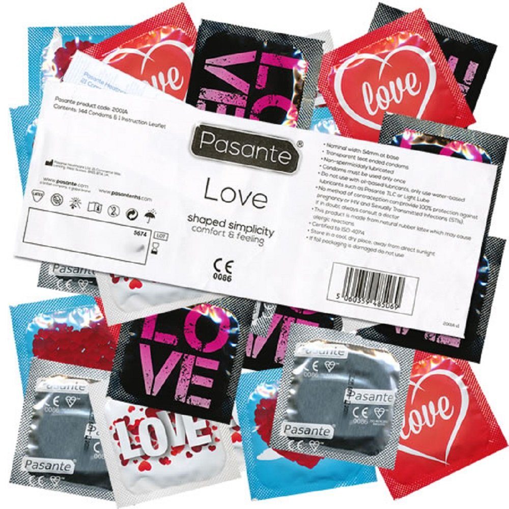 Pasante Kondome Pasante «Love» Motivkondome mit freizügiger Comfort-Form Packung mit, 144 St., romantische Kondome, ideal für Junggesellenabschiede, Geschenk für Männer, Vorratspackung, bedruckte Siegelfolien