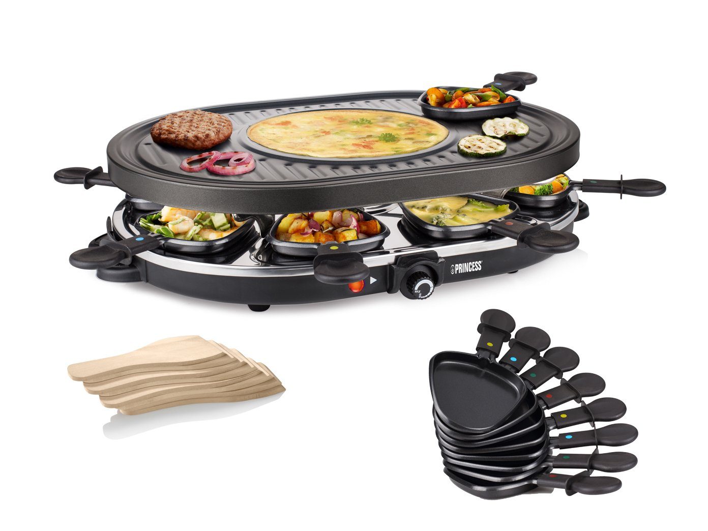 PRINCESS Raclette, 8 Raclettepfännchen, Gerät für 2-8 Personen Tischgrill mit Crêpefläche Camping geeignet