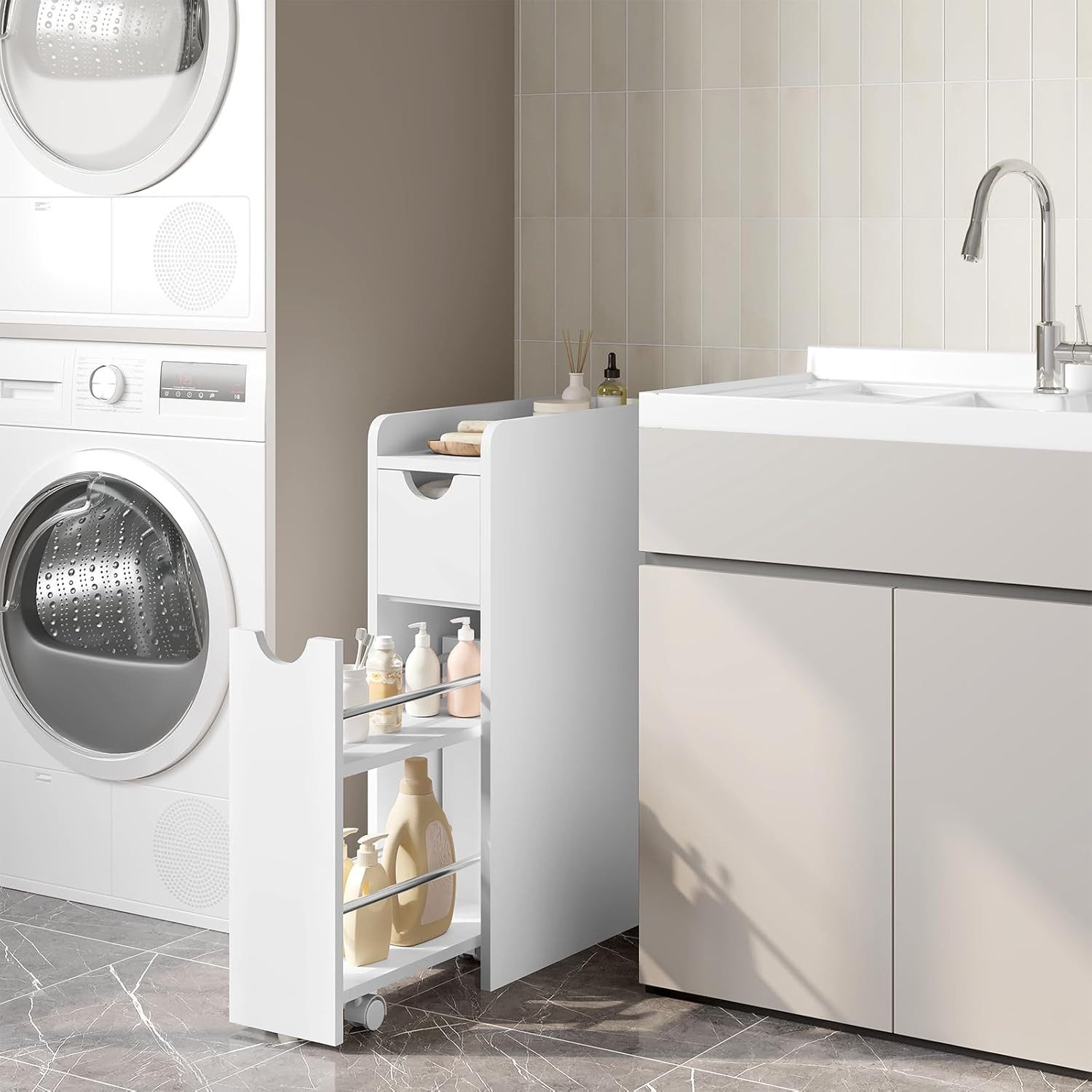 EUGAD Badkommode (1 St), Badezimmerschrank klein schmal mit Schublade auf Rollen