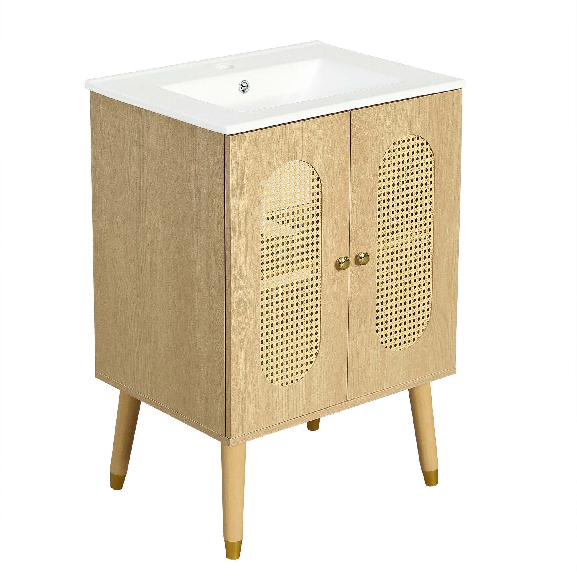 kowdom Waschtisch-Set Freistehender Waschtischschrank 61cm mit Keramikbecken & Rattantüren, Soft-Close-Scharnier/Atmungsaktiv/Überlaufschutz/Feuchteregulierung