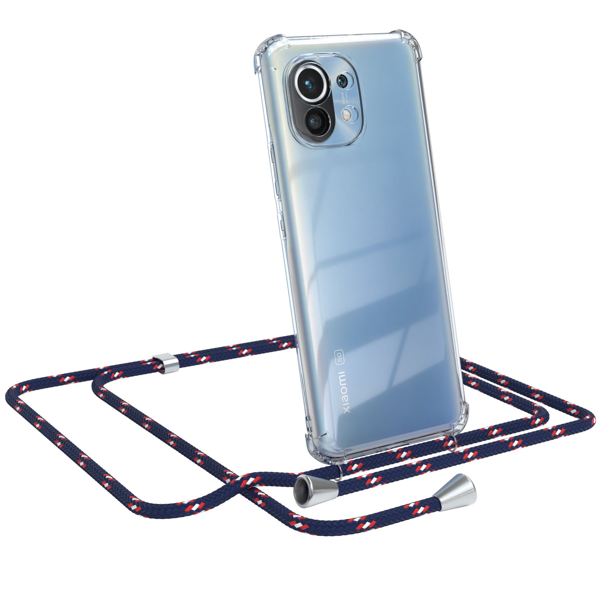 EAZY CASE Handykette Hülle mit Kette für Xiaomi Mi 11 5G 6,81 Zoll, Slimcover Handykette Hülle Cross Bag für Smartphone Blau Camouflage