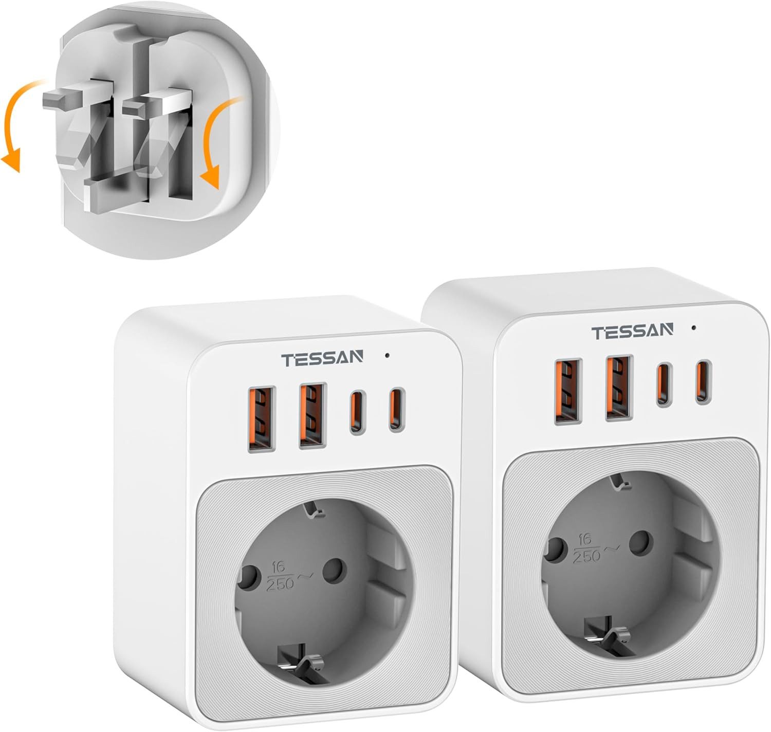 TESSAN 2 Stück klappbarer Reiseadapter für UK/US-Stecker in EU-Steckdosen Reiseadapter Typ B, Typ G zu USB Typ A, USB Typ C, 2 Stück Klappbarer Adapter, 5 in 1 Reiseadapter