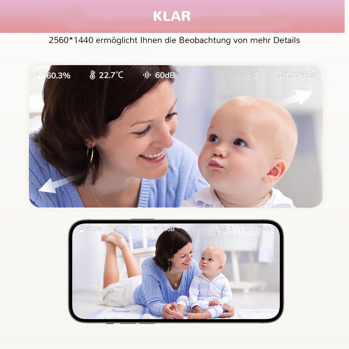 AURIVION Video-Babyphone HD WLAN Babyphone 4MP Kamera mit Standfuß & Nachtsicht, Set, 1-tlg., Video Babyphone mit Schlaflied und Schreierkennung, Babymonitor mit Temperatur, Luftfeuchtigkeit & Gegensprechen