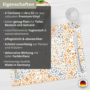 Platzset, Tischset,  Platzset abwaschbar - Tapetenmuster orange-blau, Tischsetmacher, (aus erstklassigem Vinyl, 4-St., 44 x 32 cm / orange-blau), Made in Germany