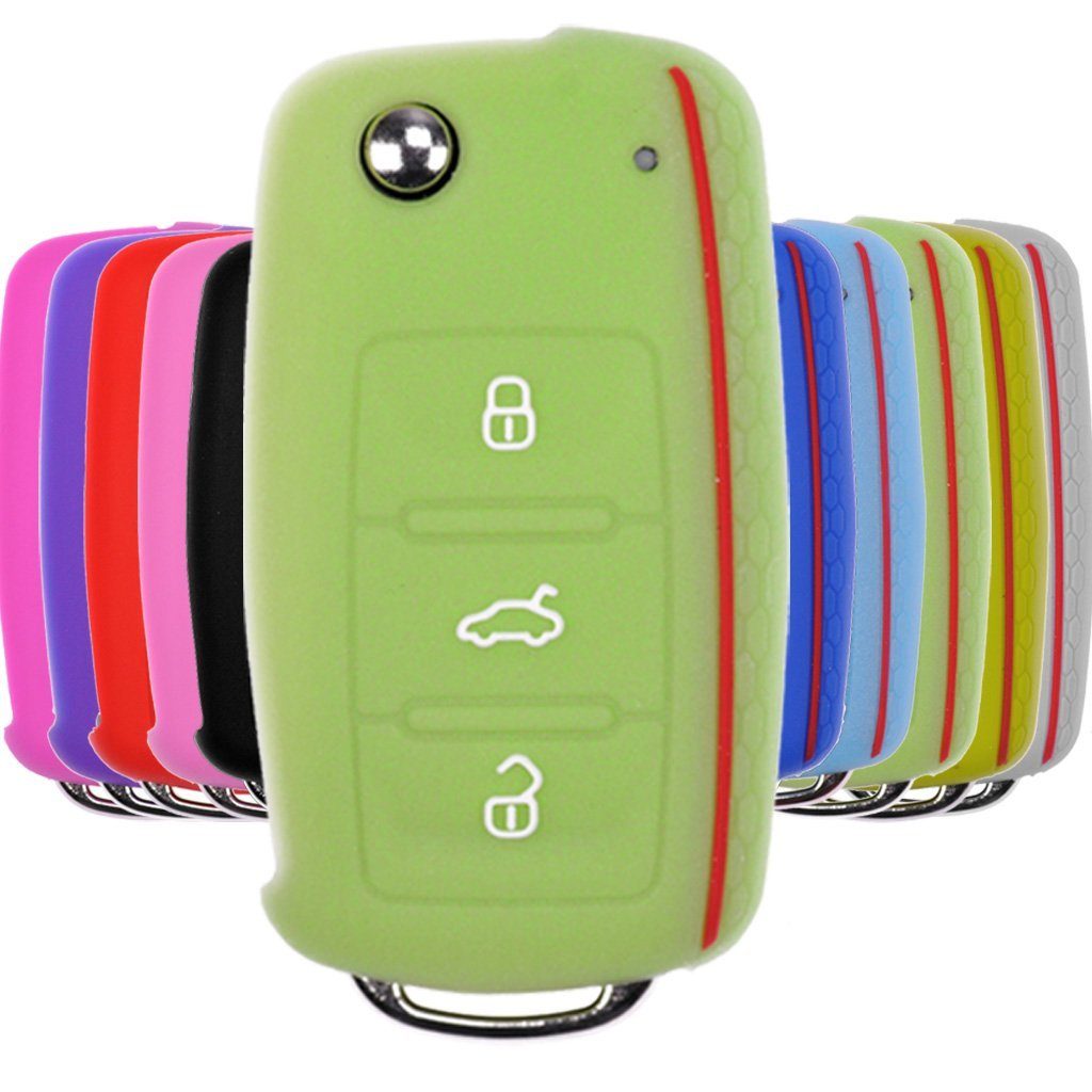 mt-key Schlüsseltasche im Octavia 6 Grün, Design Silikon Leon Golf Fluoreszierend für 3 SEAT UP Tasten Wabe VW Skoda Autoschlüssel Schutzhülle ab 11/2009