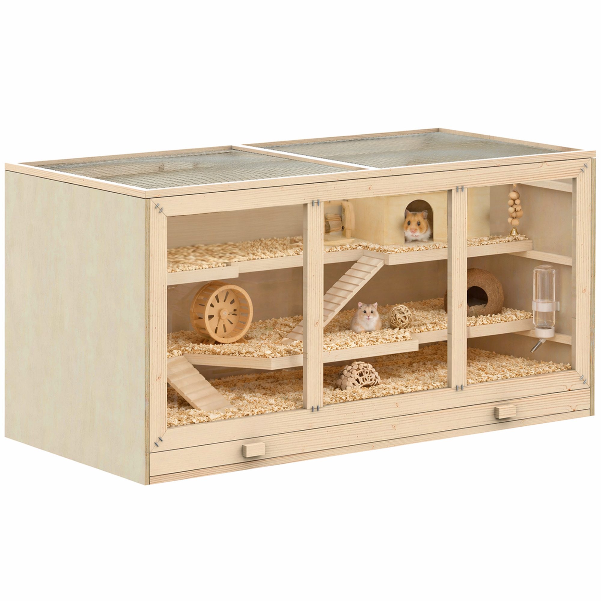 PawHut Kleintierkäfig Hamsterkäfig aus Holz 3 Etagen Nagerkäfig mit reinigbar Ablage, Naturholz 115 x 57 x 55 cm