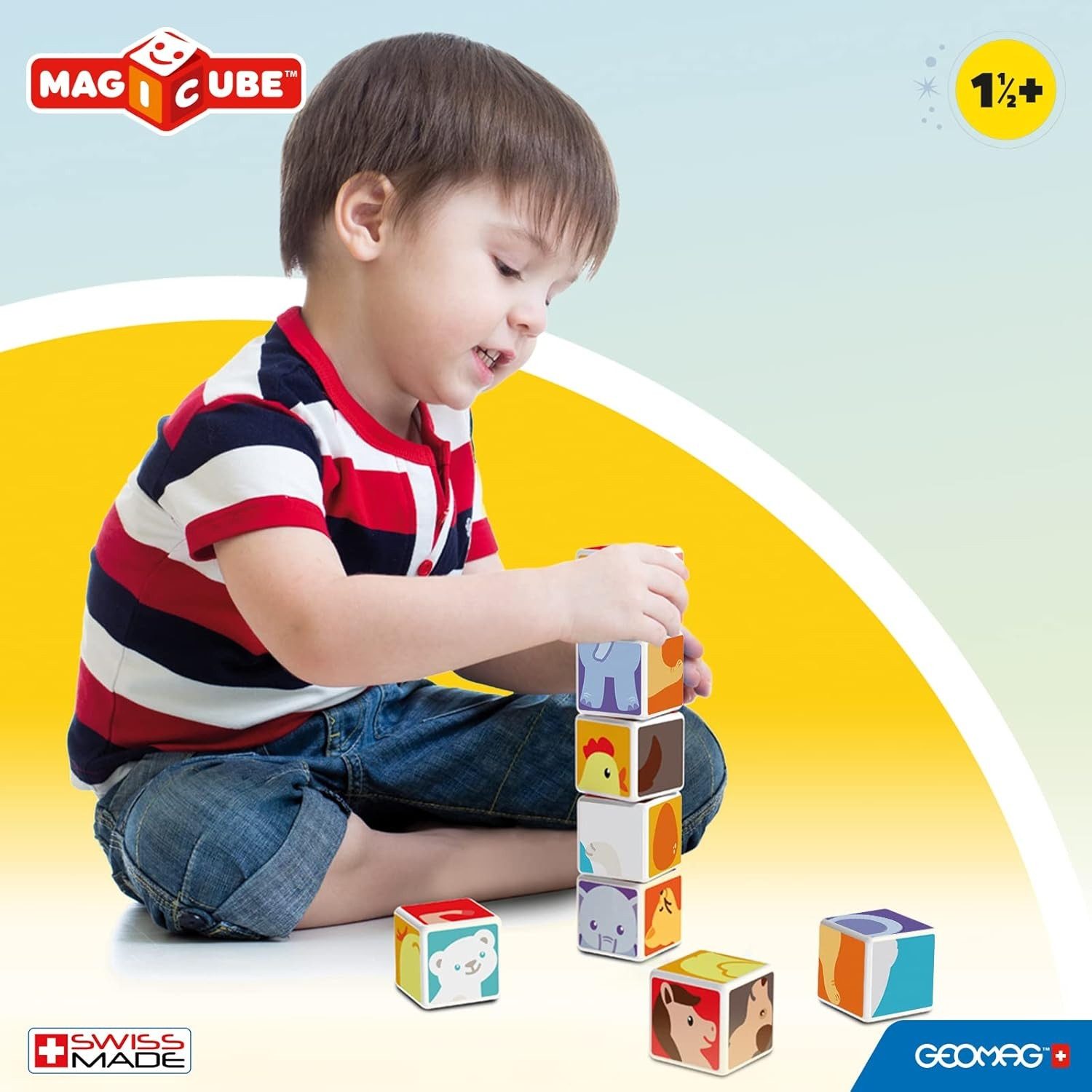 Geomag™ Lernspielzeug 132 - 7tlg. magnetisches Konstruktionsspielzeug mit 4 Magnetwürfel, 4 magnetische Würfel zum puzzeln, Farben und Tiere erkennen